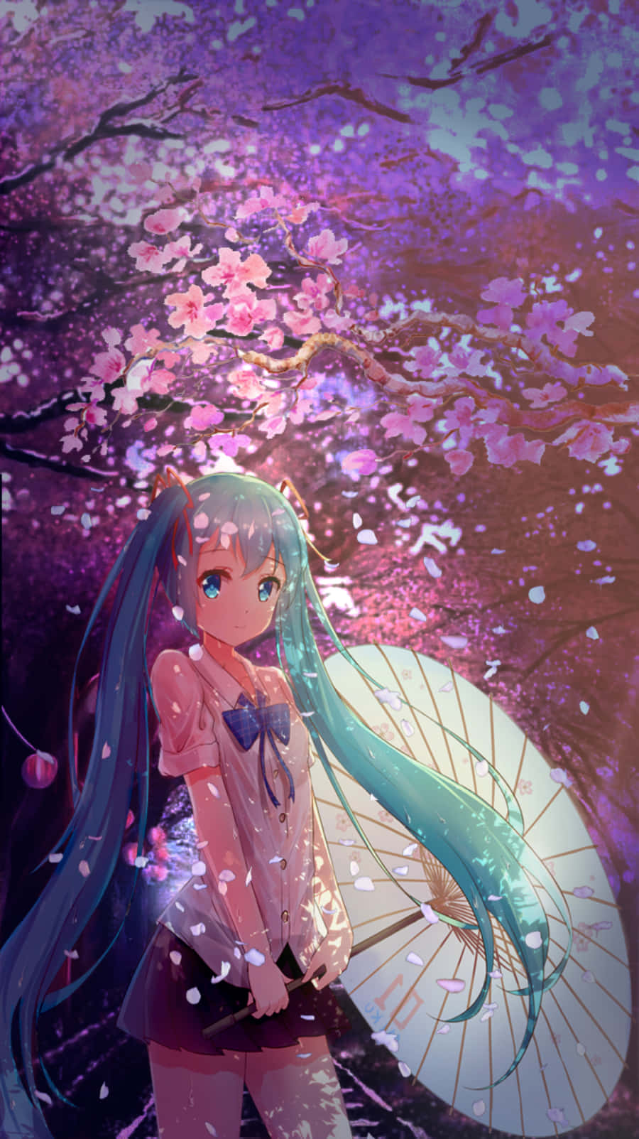 Vocaloid 桌布 壁紙 — 在暮色中，一位青髮貓耳動漫女孩在發光的櫻花樹下撐著白色雨傘。