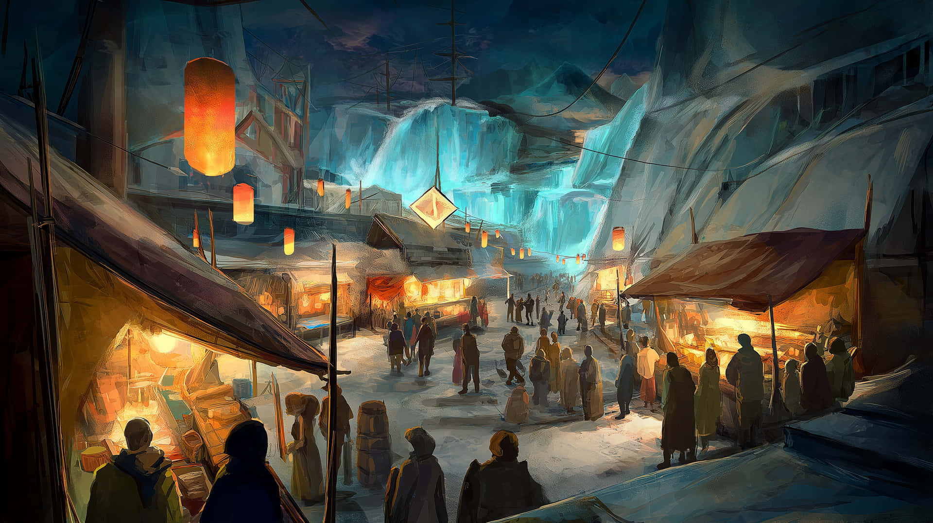 Cozy Night Market in a Snowy Canyon City with Lanterns 壁紙 — 在暮色中，一個熙熙攘攘的冰市場在溫暖的燈籠下閃耀，背景是高聳的藍色冰崖。