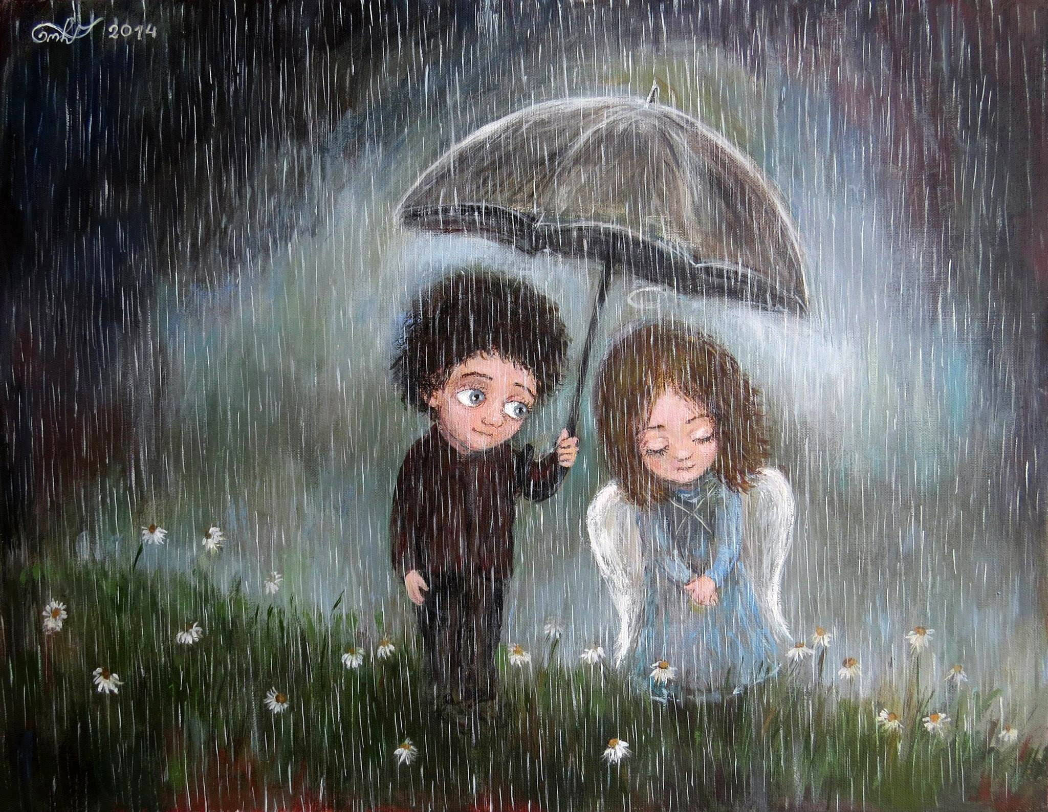 情侶 桌布 壁紙 — 在暮色中，一個男孩在雨淋的雛菊田裡用雨傘庇護一位寧靜的天使。