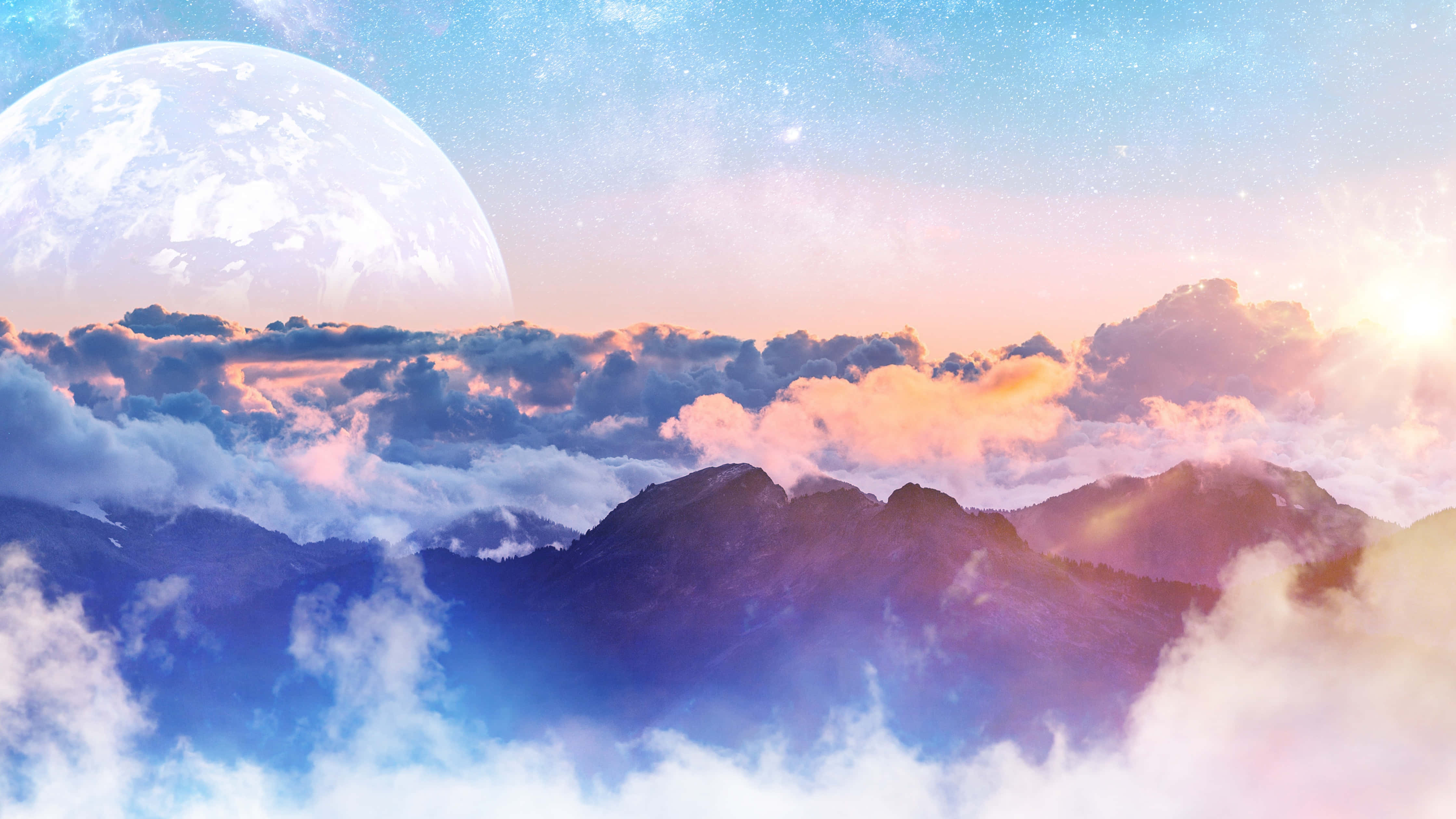 Clouds Aesthetics 桌布 壁紙 — 在暮色中，超現實的山脈從雲層中升起，下方是巨大的月亮和星空。