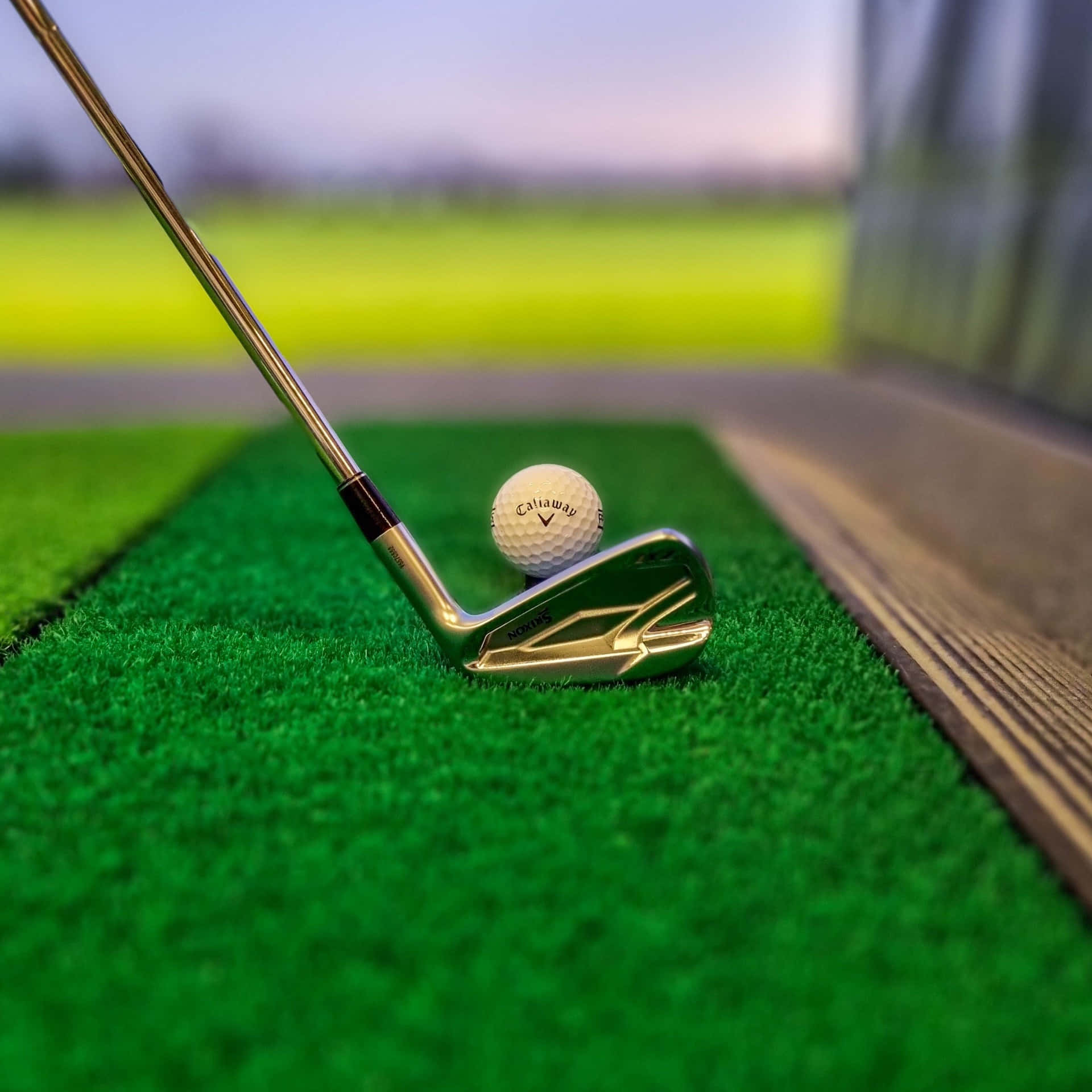 Golf Club 桌布 壁紙 — 在暮色中，閃亮的高爾夫球桿和高爾夫球放在充滿活力的綠色草地上，背景模糊。
