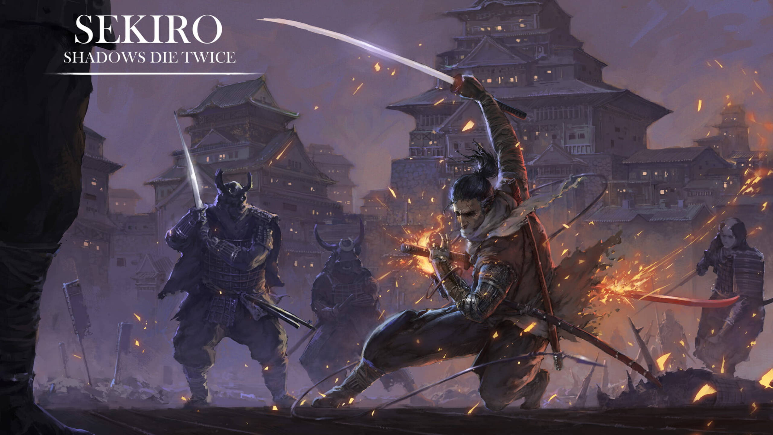 Sekiro 桌布 壁紙 — 在暮色城堡庭院中，一名武士在火花四濺中斬殺身穿盔甲的敵人。
