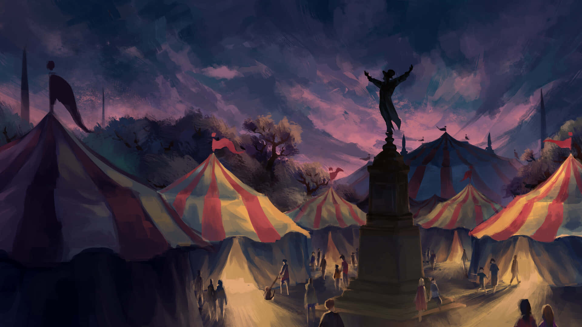 Dark Carnival 桌布 壁紙 — 在暮色天空下，一個奇妙的馬戲團，條紋帳篷圍繞著中央雕像溫暖地發光。
