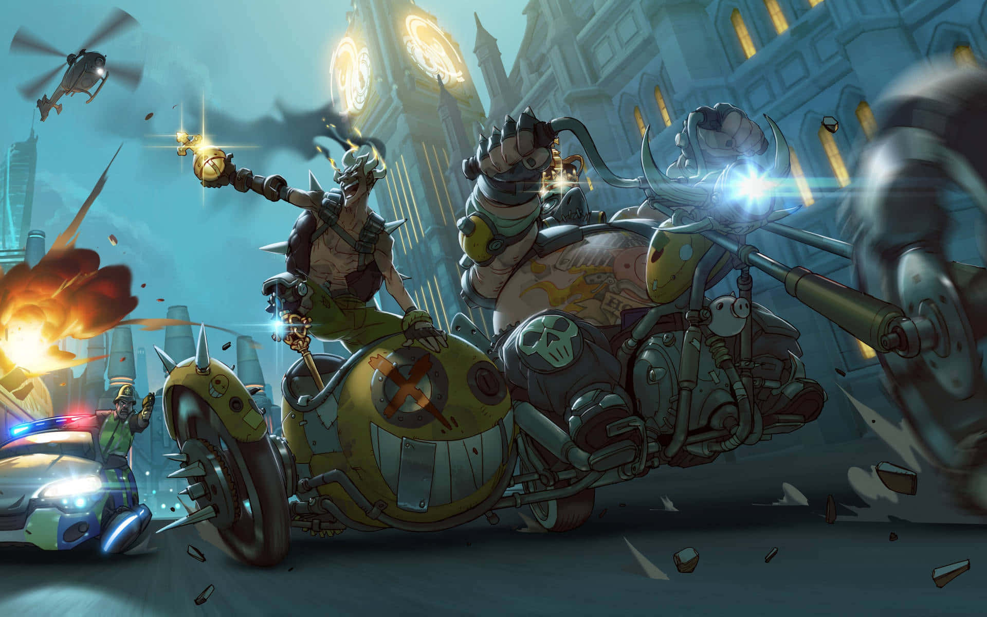 Aesthetic Overwatch 桌布 壁紙 — 在暮色天空下，一場混亂的蒸氣龐克摩托車追逐穿過哥德式城市，伴隨著爆炸和飛行車輛。