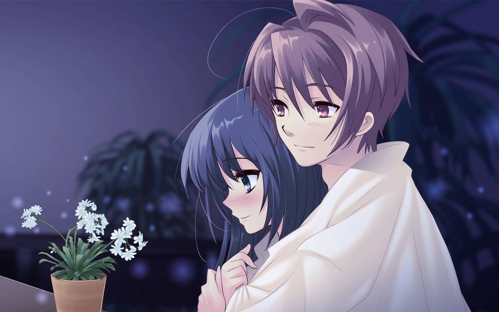 Anime Hug 桌布 壁紙 — 在暮色天空下，兩個角色之間溫柔的動漫擁抱，附近有一盆花。
