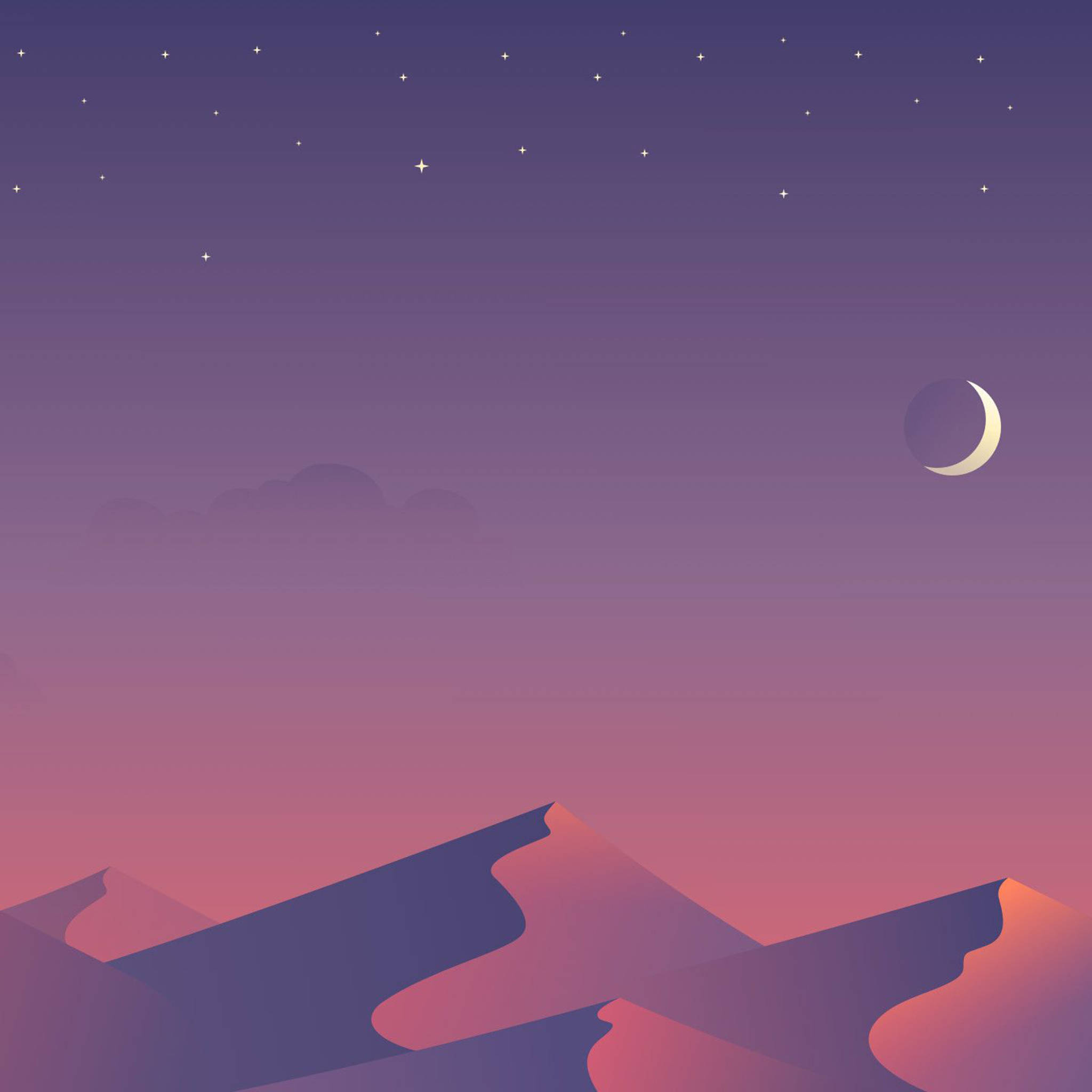 美學 iPad 壁紙 桌布 壁紙 — 在暮色天空下，新月和散落的星星映襯著寧靜簡約的沙漠景觀。