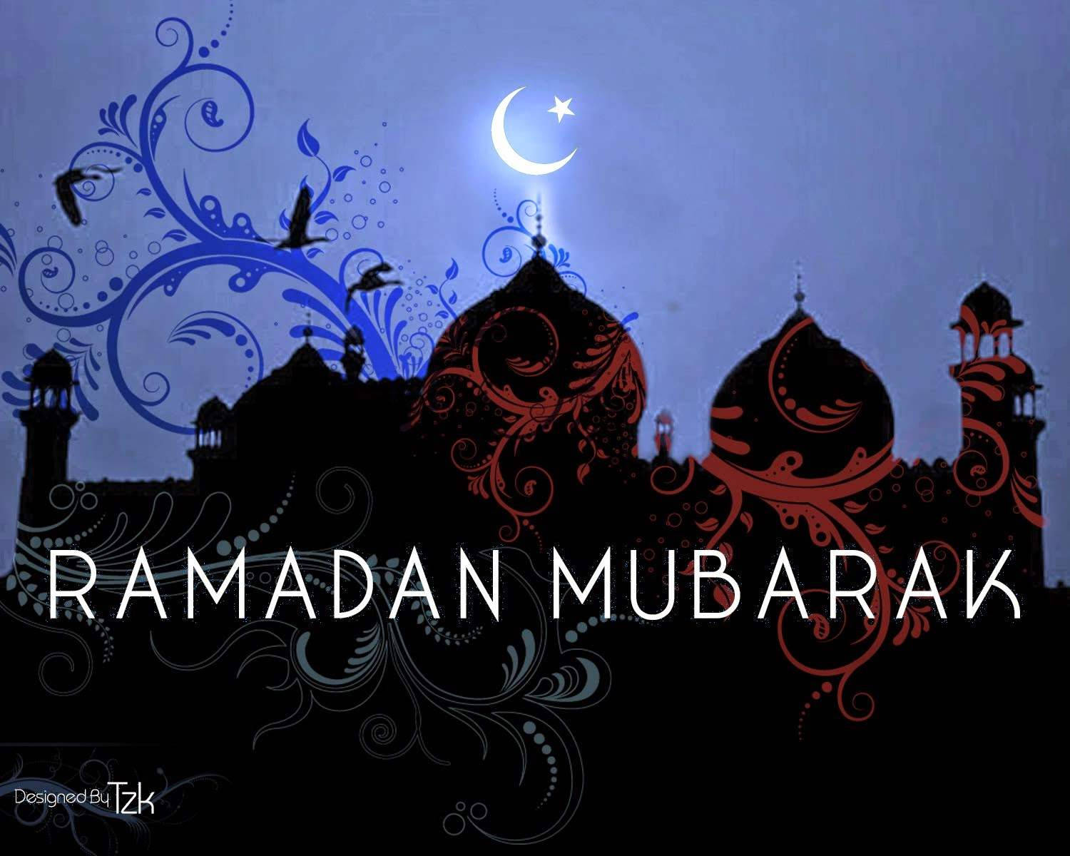 Ramadan Mubarak 桌布 壁紙 — 在暮色天空下，新月和星星襯托著帶有華麗紅色和藍色漩渦的清真寺剪影。