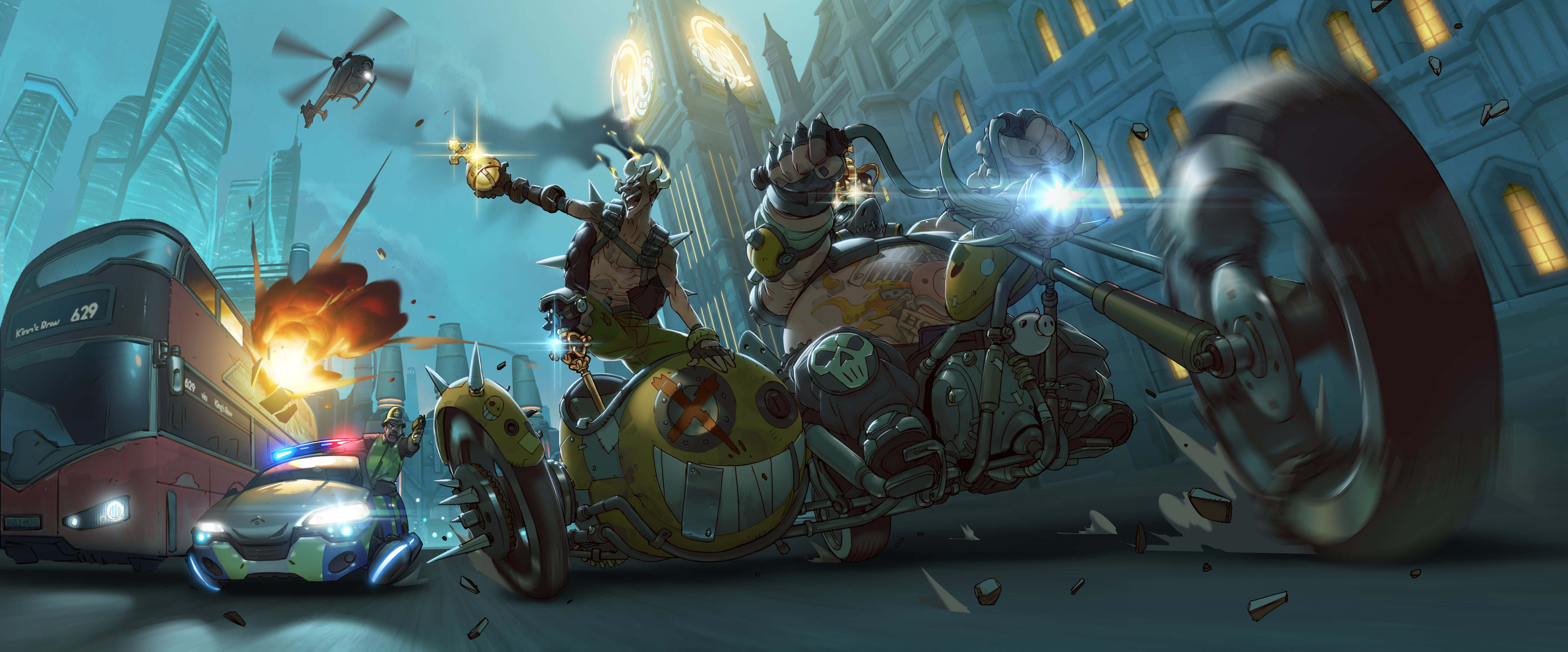 Overwatch Roadhog 桌布 壁紙 — 在暮色天空下，裝甲摩托車、爆炸車輛和聳立的霓虹燈建築組成的混亂未來城市街頭追逐。