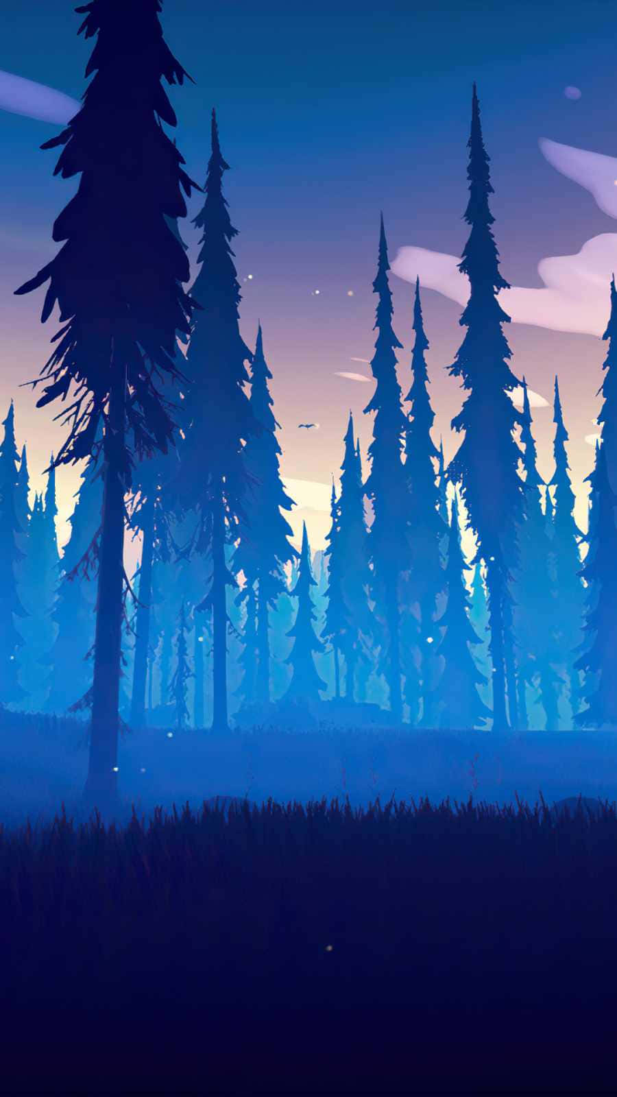 Trees iPhone 桌布 壁紙 — 在暮色天空下，霧氣瀰漫的森林中，松樹的剪影高高聳立，天空染上柔和的紫色和藍色。