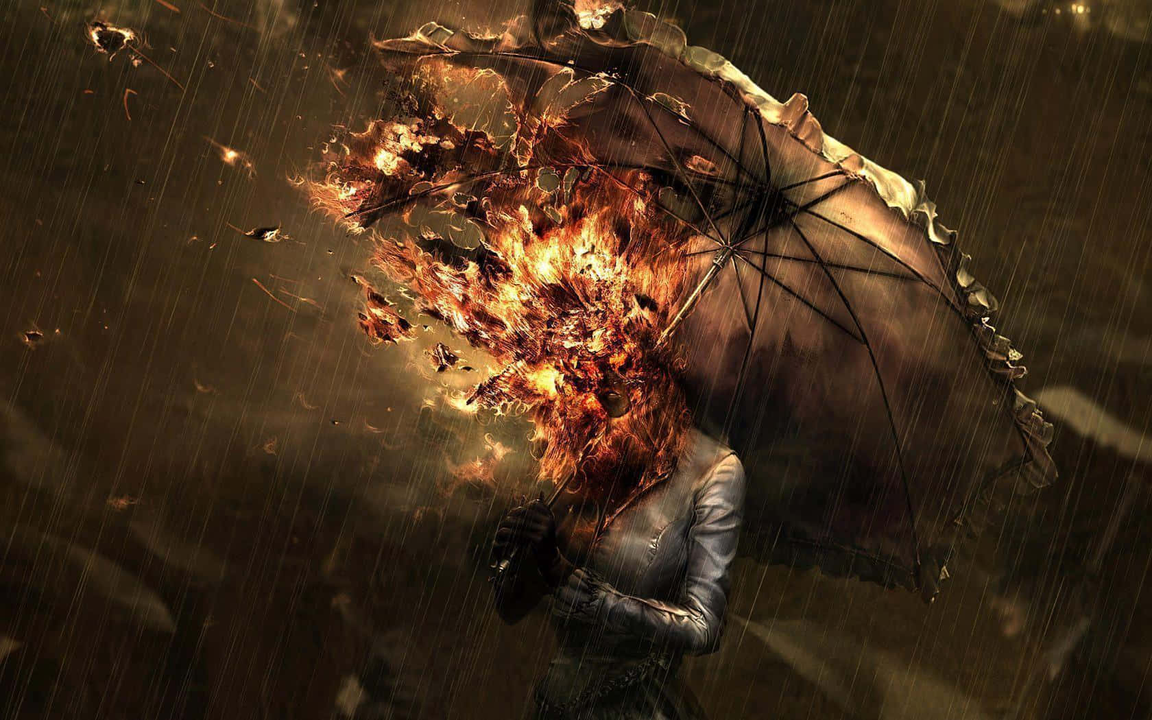 Dark Surrealism 桌布 壁紙 — 在暴風雨中，一個人撐著一把傘，傘頂在黑暗的暴風雨背景下爆發出火焰。