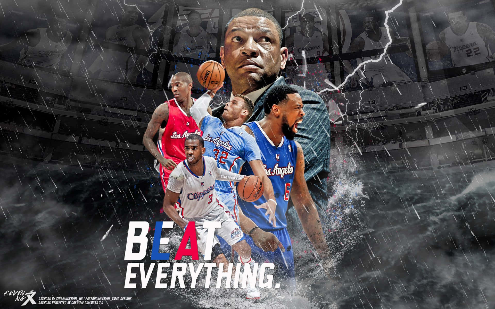 NBA 桌布 壁紙 — 在暴風雨中，籃球運動員在閃電和水花中動態地進行比賽。