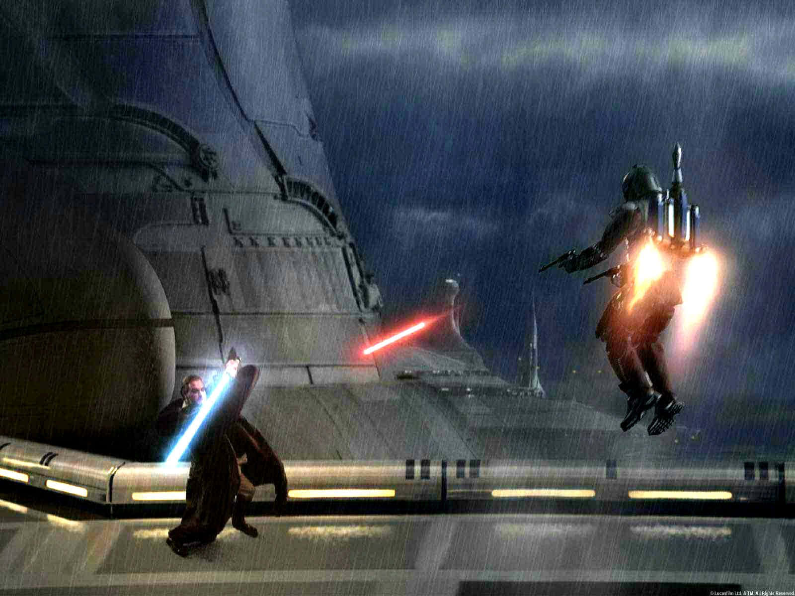 Lightsaber Duels 桌布 壁紙 — 在暴風雨夜空下，兩名戰士在濕滑的太空船甲板上用發光的光劍決鬥。