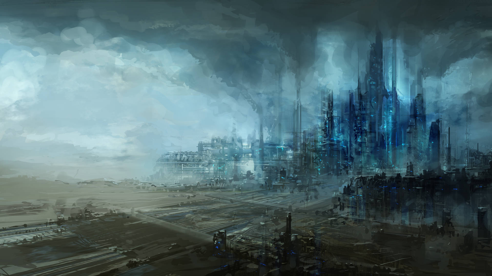 Futuristic Desktop 桌布 壁紙 — 在暴風雨天空下，發光藍色摩天大樓刺穿烏雲的未來城市景觀。