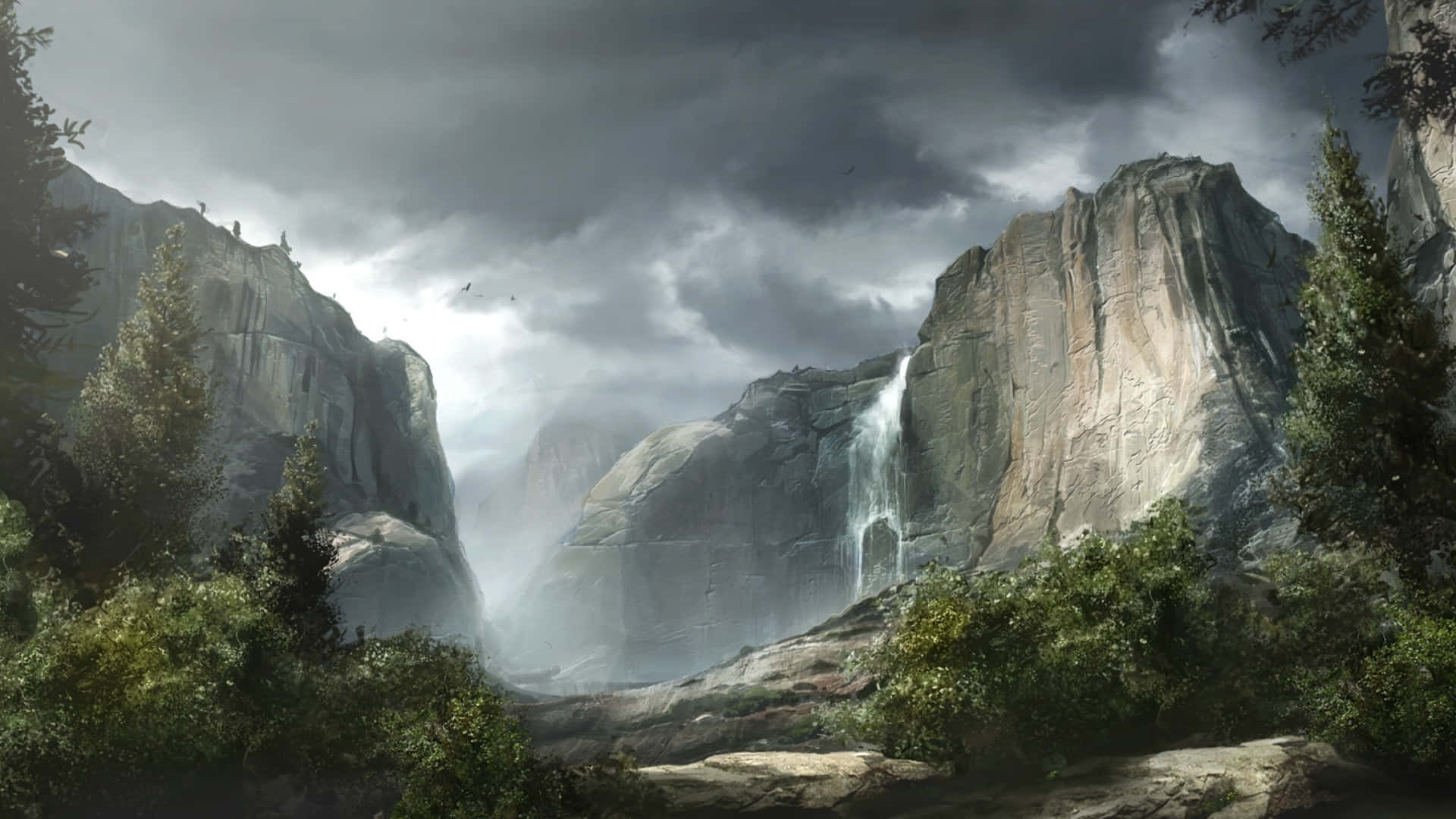Mountain Landscape 桌布 壁紙 — 在暴風雨灰濛濛的天空下，一道壯觀的瀑布從高聳的花崗岩懸崖之間傾瀉而下，薄霧在古老的松樹周圍盤旋。