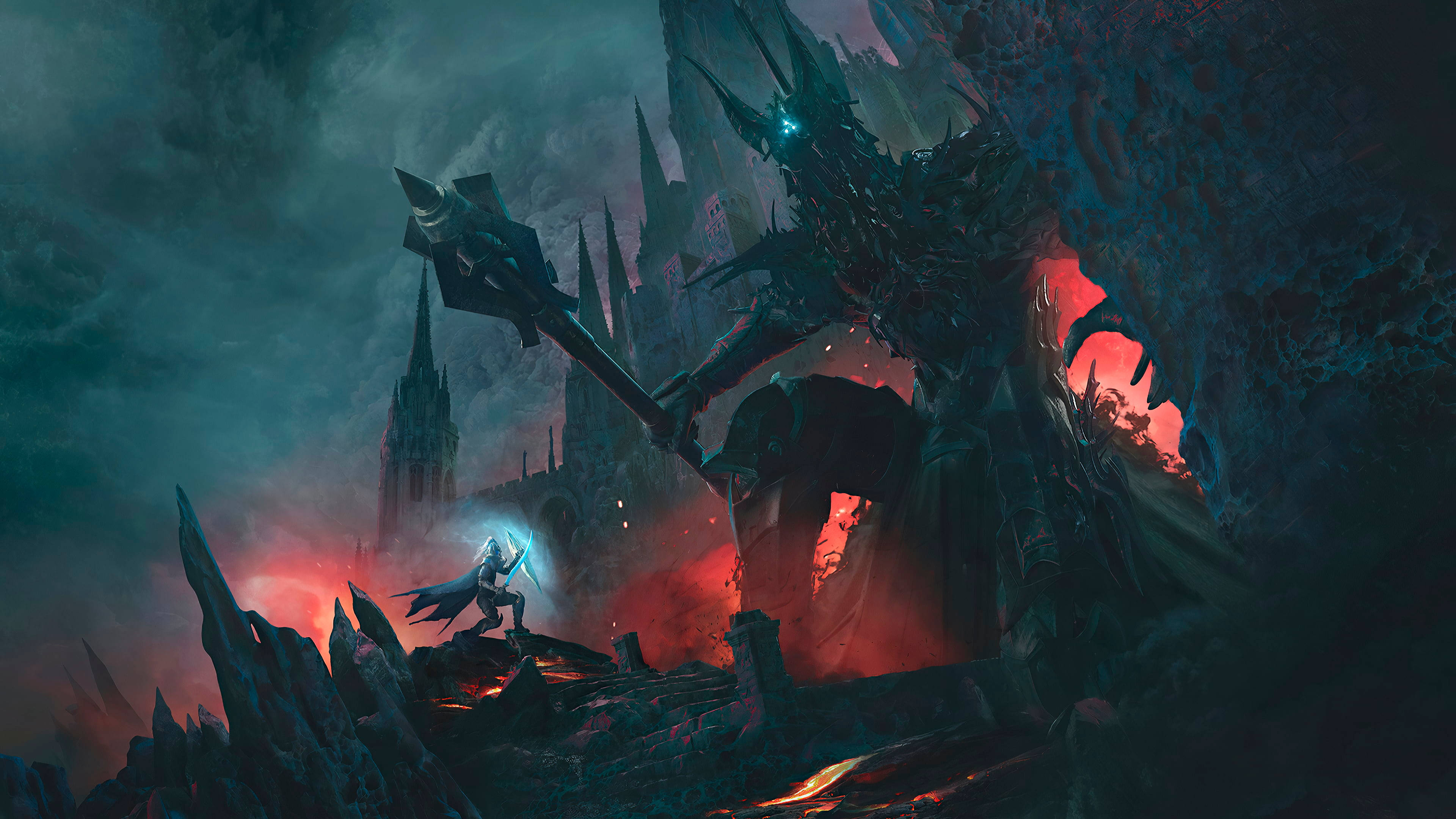 Lord Of The Rings Landscape 桌布 壁紙 — 在暴風雨的天空下，一位孤獨的戰士手持發光劍，面對一隻巨大的黑暗巨龍，背景是 crumbling 的哥德式城堡。