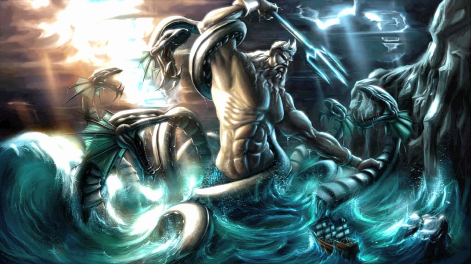 zeus 桌布 壁紙 — 在暴風雨的天空下，一位肌肉發達的海神在翻騰的碧綠海浪和 monstrous 海蛇中揮舞著發光的三叉戟。