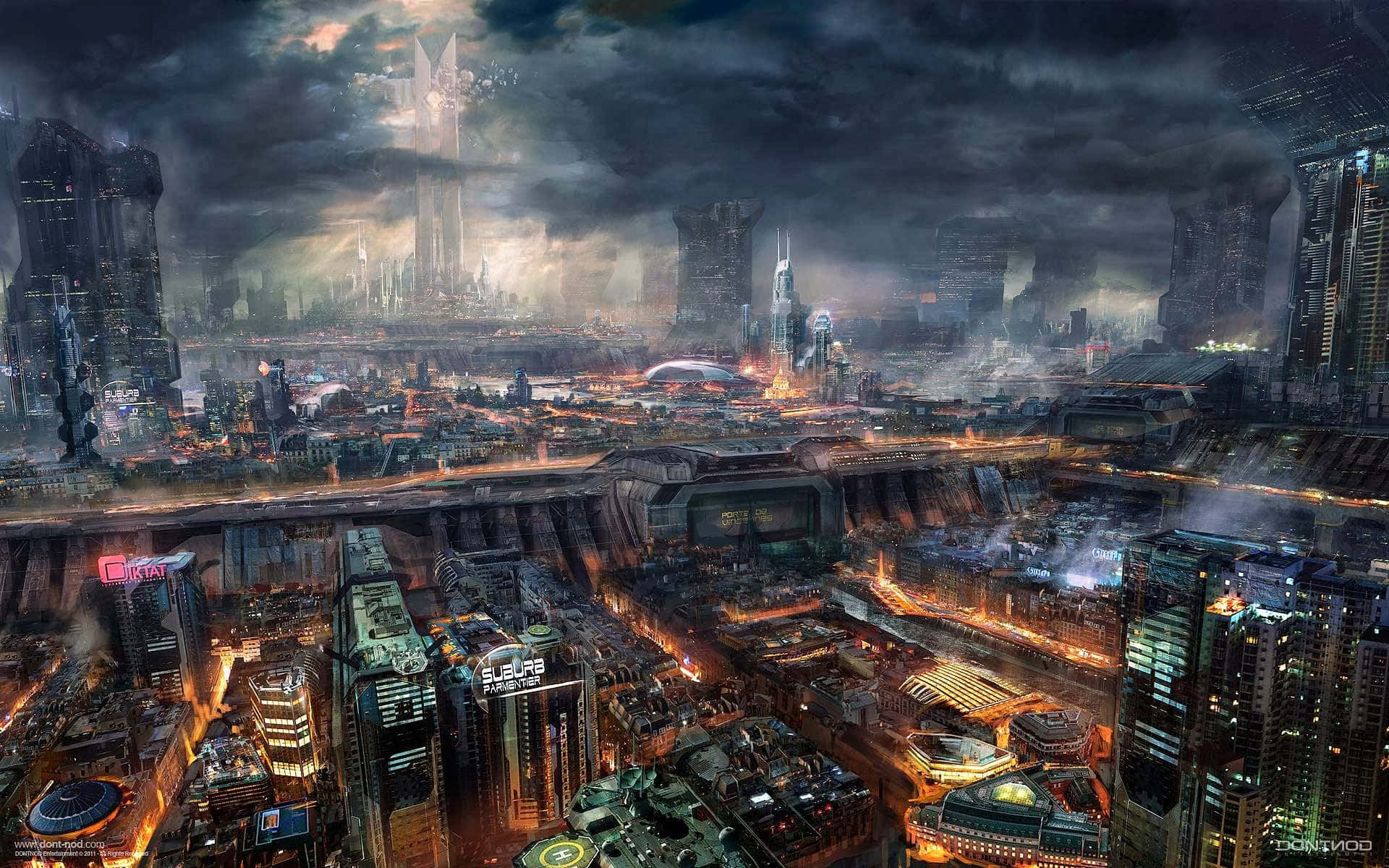 Future City 桌布 壁紙 — 在暴風雨的天空下，一個廣闊的未來城市景觀，霓虹燈照亮了高聳的摩天大樓和發光的街道。