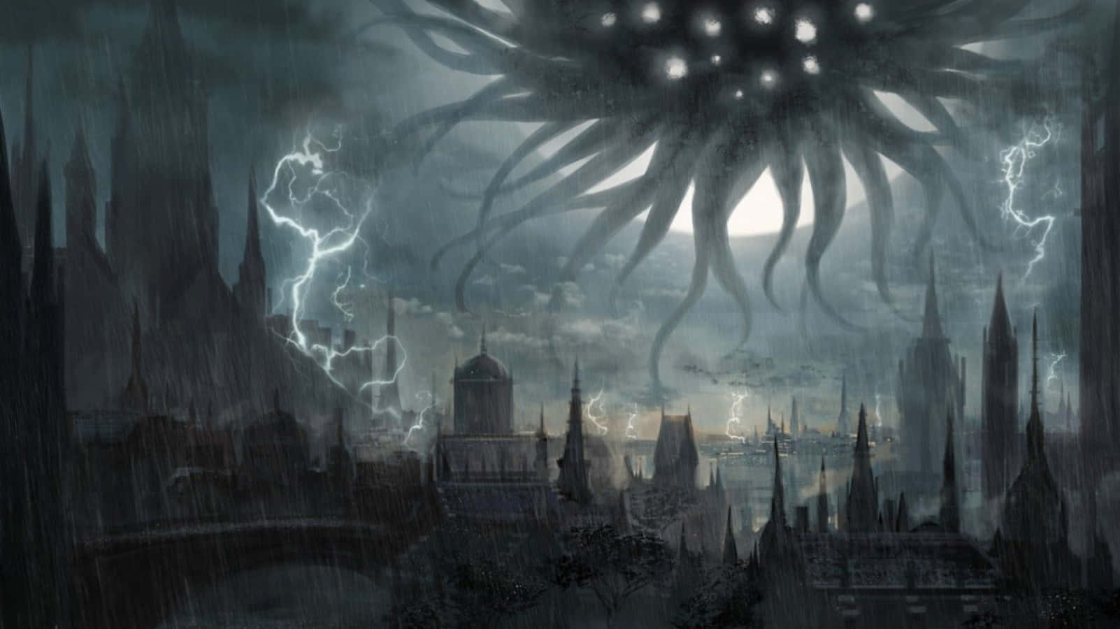 Dark Fantasy 桌布 壁紙 — 在暴風雨的天空下，一座哥德式城市景觀，一個巨大的宇宙實體帶著發光的眼睛和觸手籠罩在上方。