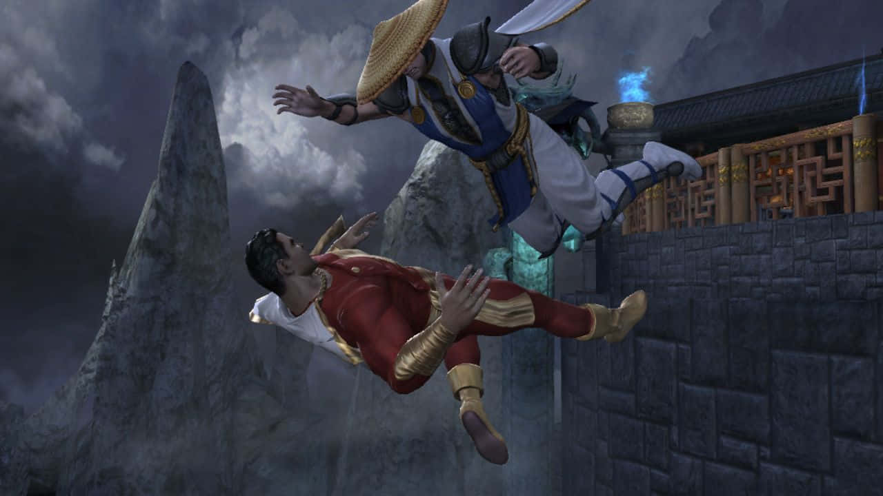 Mortal Kombat Vs Dc Universe 桌布 壁紙 — 在暴風雨的天空下，兩名戰士在石堡壘上空激烈交鋒，構成一個動態的電子遊戲場景。