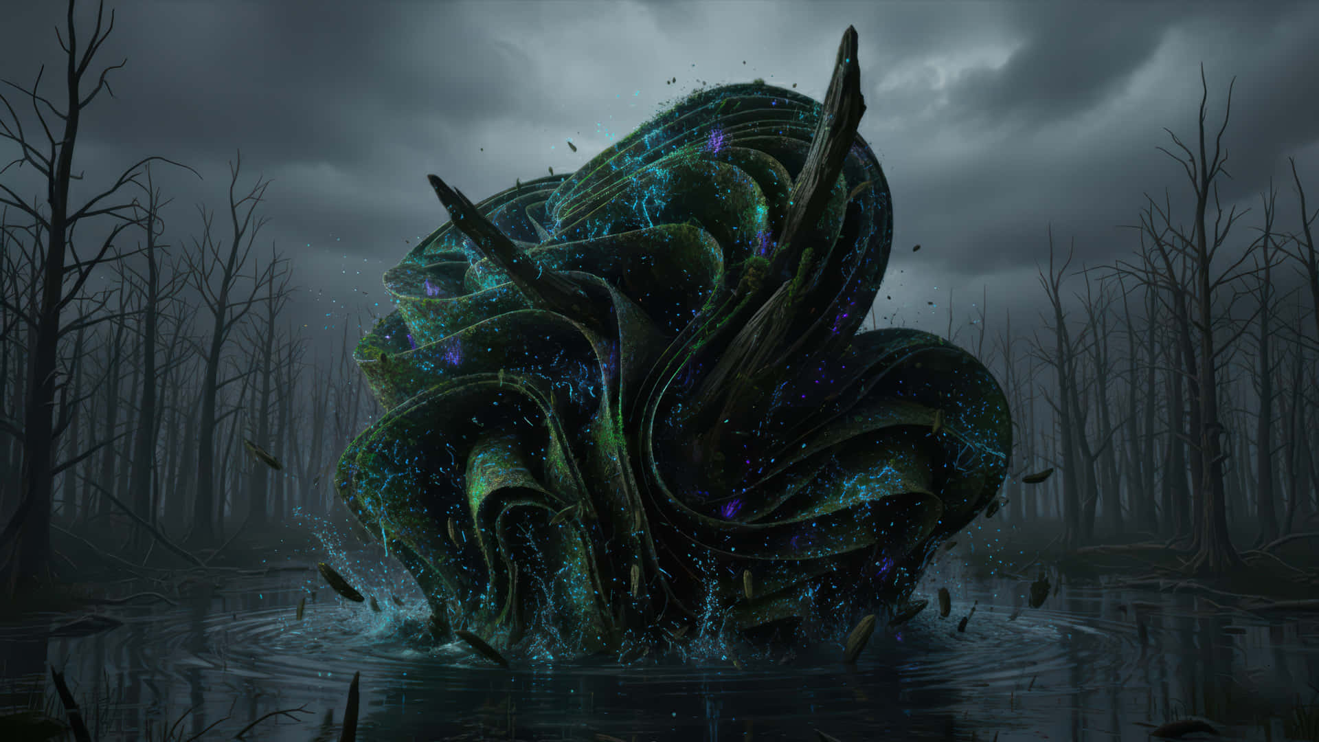 Mysterious Swamp Bloom modded wallpaper for desktop Enhancement, 壁紙 — 在暴風雨的天空下，被光禿禿的樹木包圍的黑暗水中，一個發光的綠色和紫色有機結構噴發出來。