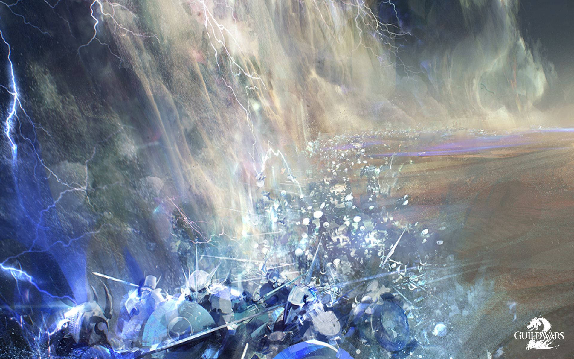 遊戲 桌布 壁紙 — 在暴風雨的天空下，裝甲戰士在閃電和破碎的碎片中進行混亂的戰鬥場景。