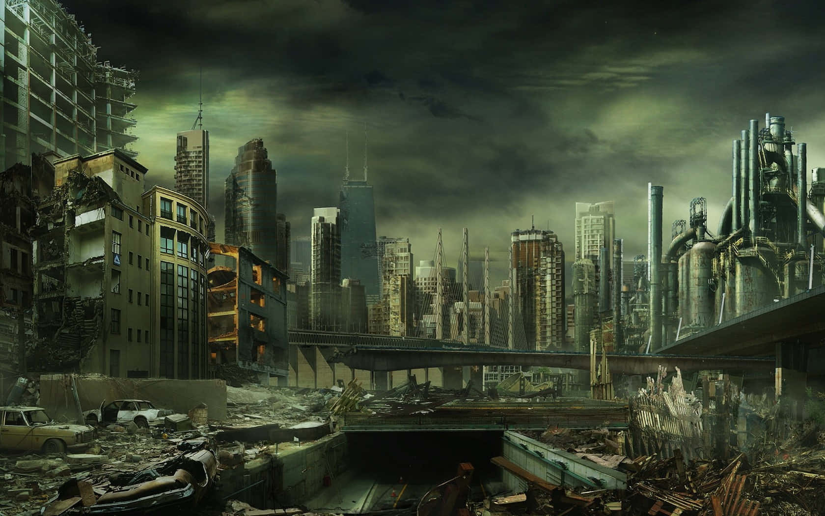 Dark Dystopian 桌布 壁紙 — 在暴風雨的綠色天空下，廢墟城市景觀，前景有倒塌的建築物和廢棄的汽車。