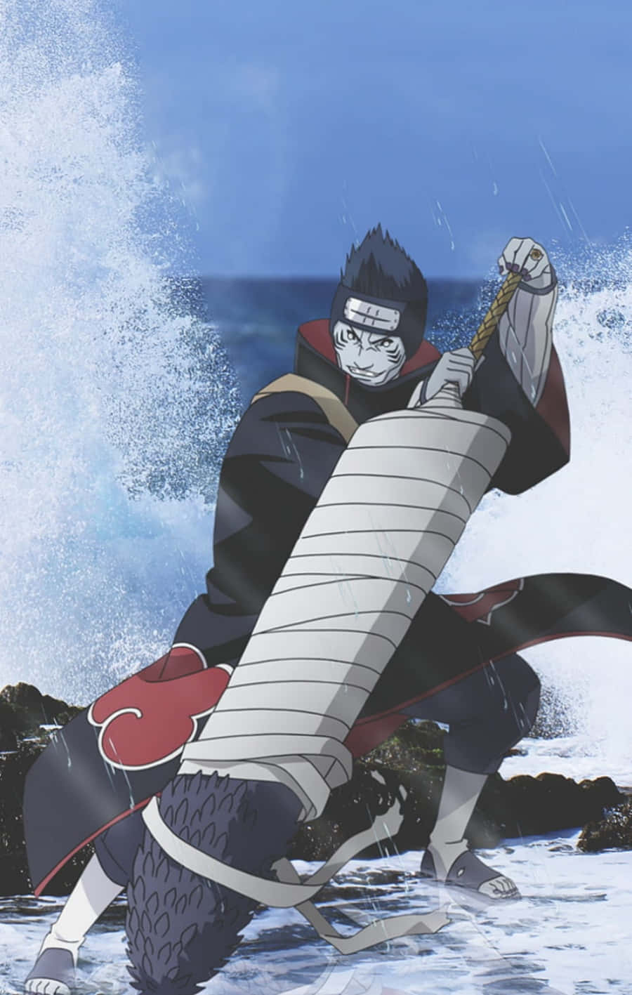 Kisame 桌布 壁紙 — 在暴風雨的藍天下，一位動漫忍者於洶湧的海浪中揮舞著巨劍。