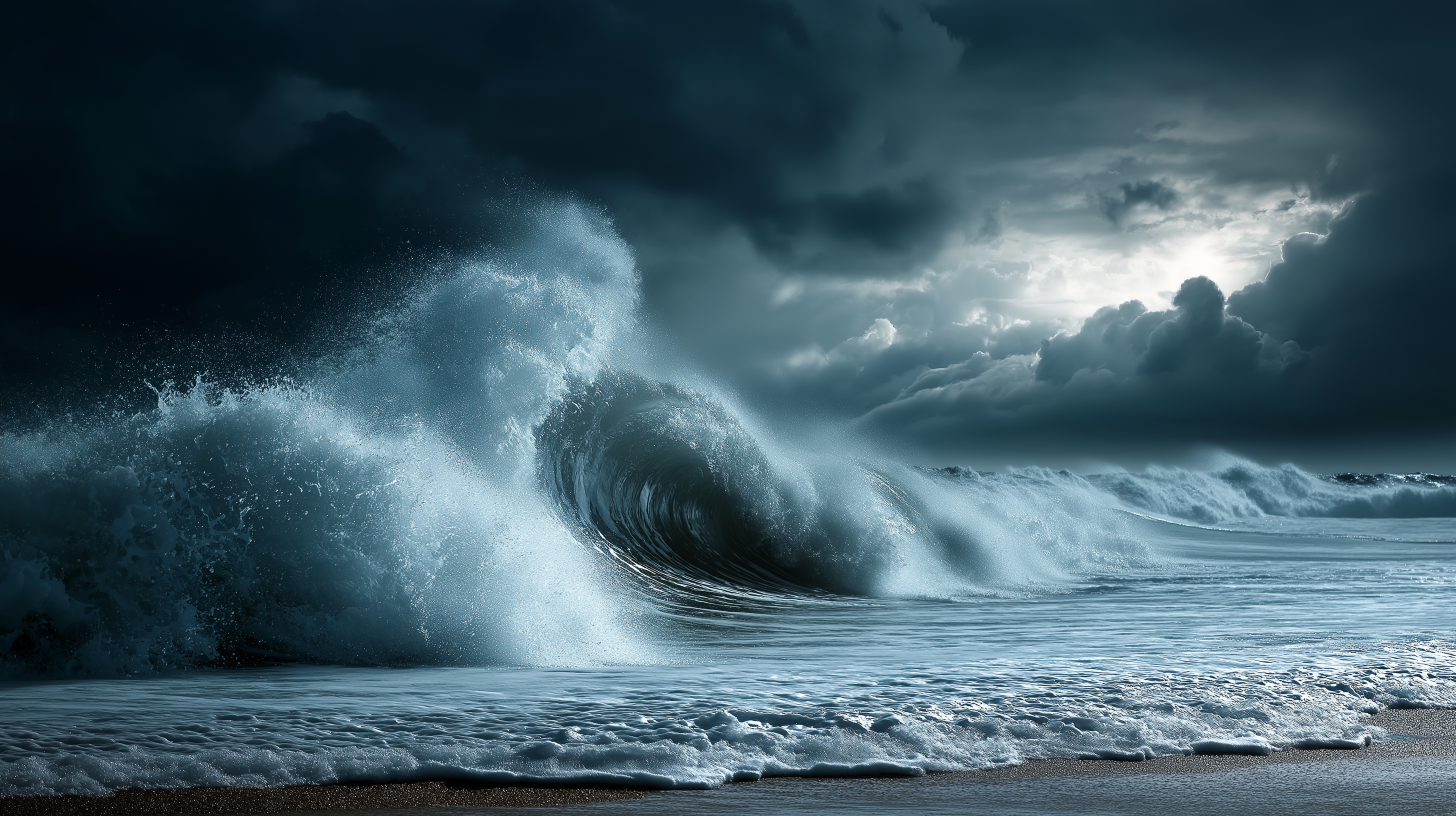 Wave 桌布 壁紙 — 在暴風雨黑暗的天空下，巨大的海浪拍打沙灘，戲劇性的光線。