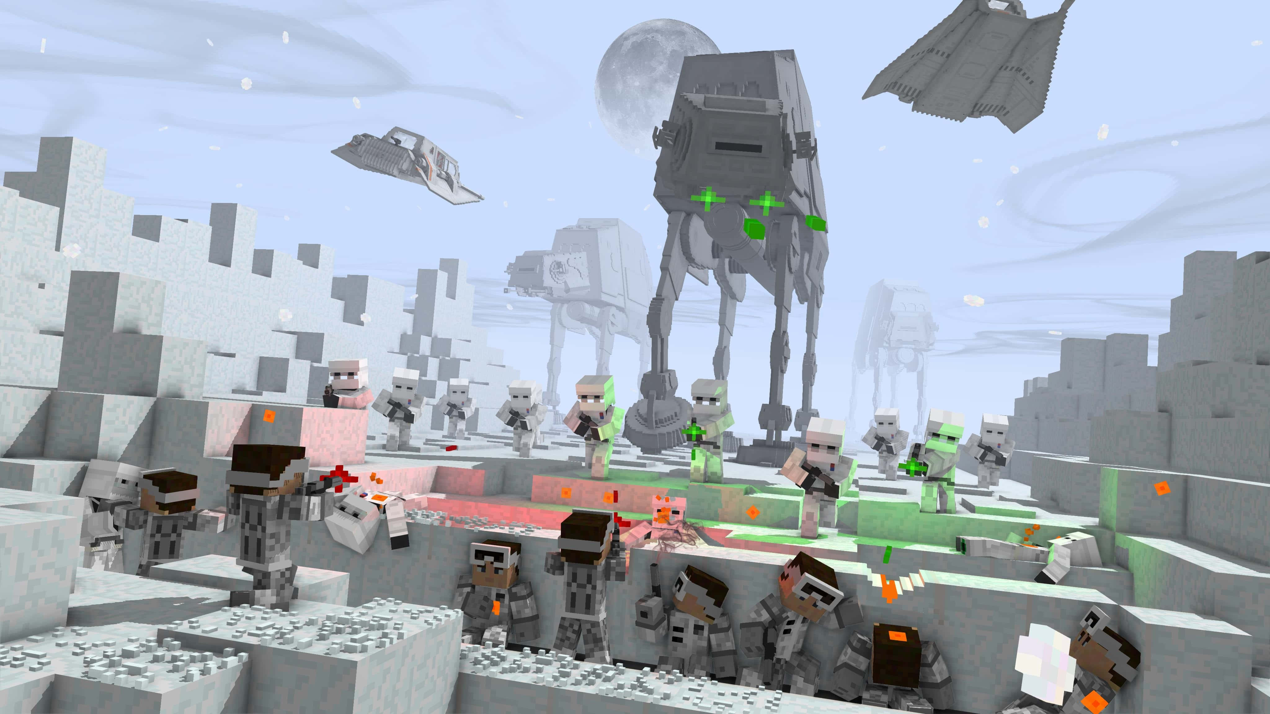 Battle Of Hoth 桌布 壁紙 — 在月光下的冰原地形上，AT-AT步行機和風暴兵進行方塊風格的星際大戰戰鬥場景。