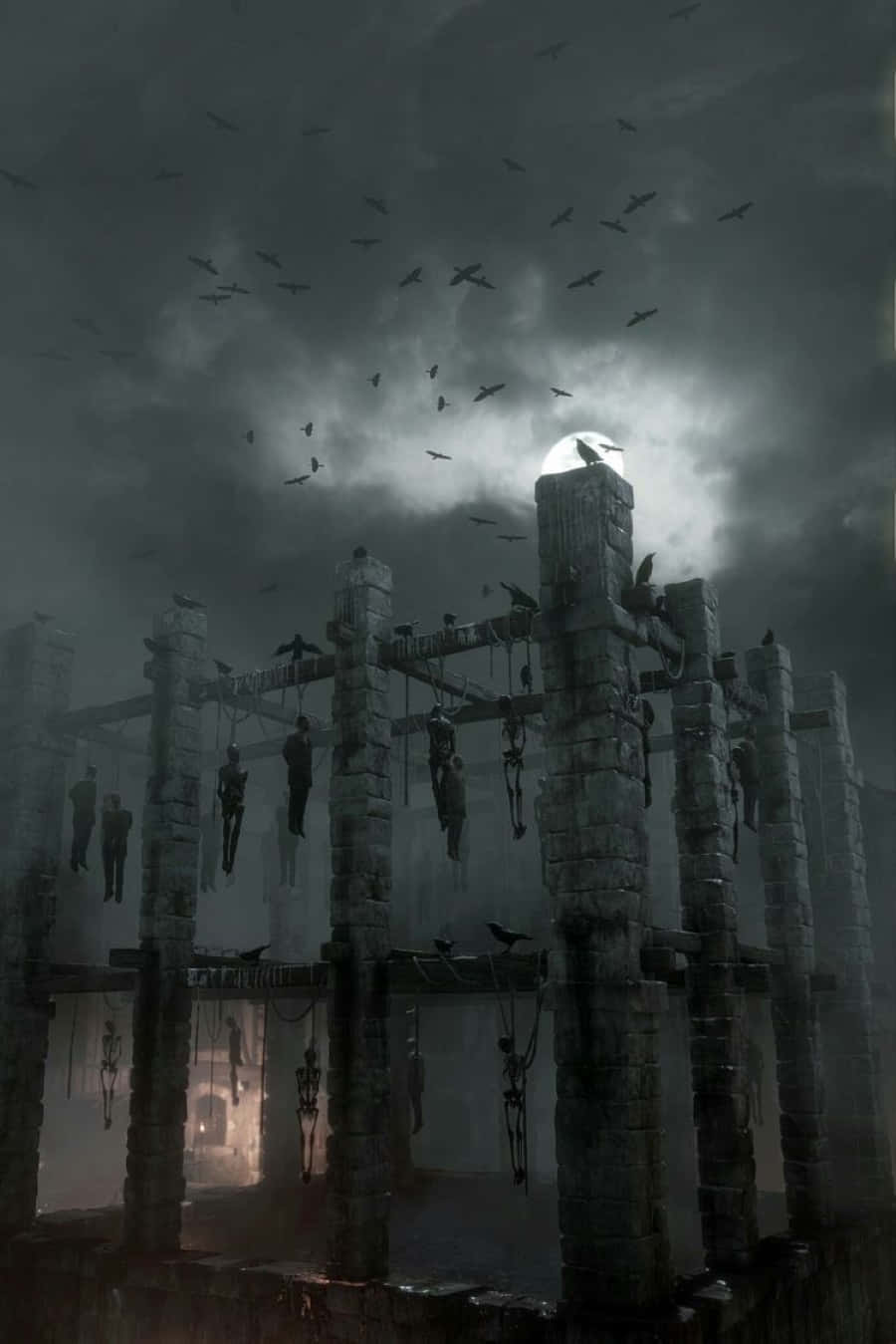 Dark Realm 桌布 壁紙 — 在月光下的天空，一個令人毛骨悚然的石頭絞刑架，懸掛著剪影人物，烏鴉在頭頂飛翔。