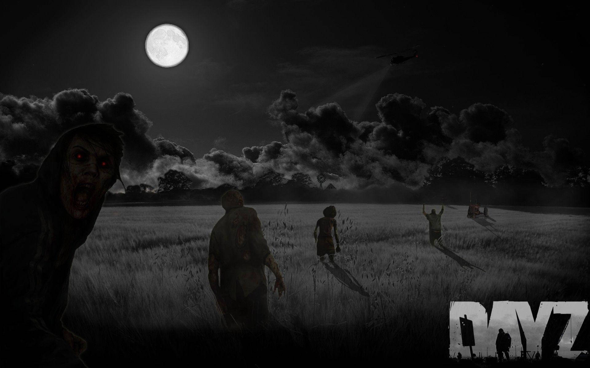 Dayz Desktop 桌布 壁紙 — 在月光下的田野中，殭屍潛伏追擊倖存者，直升機在上空掃描，呈現黑暗的末日場景。