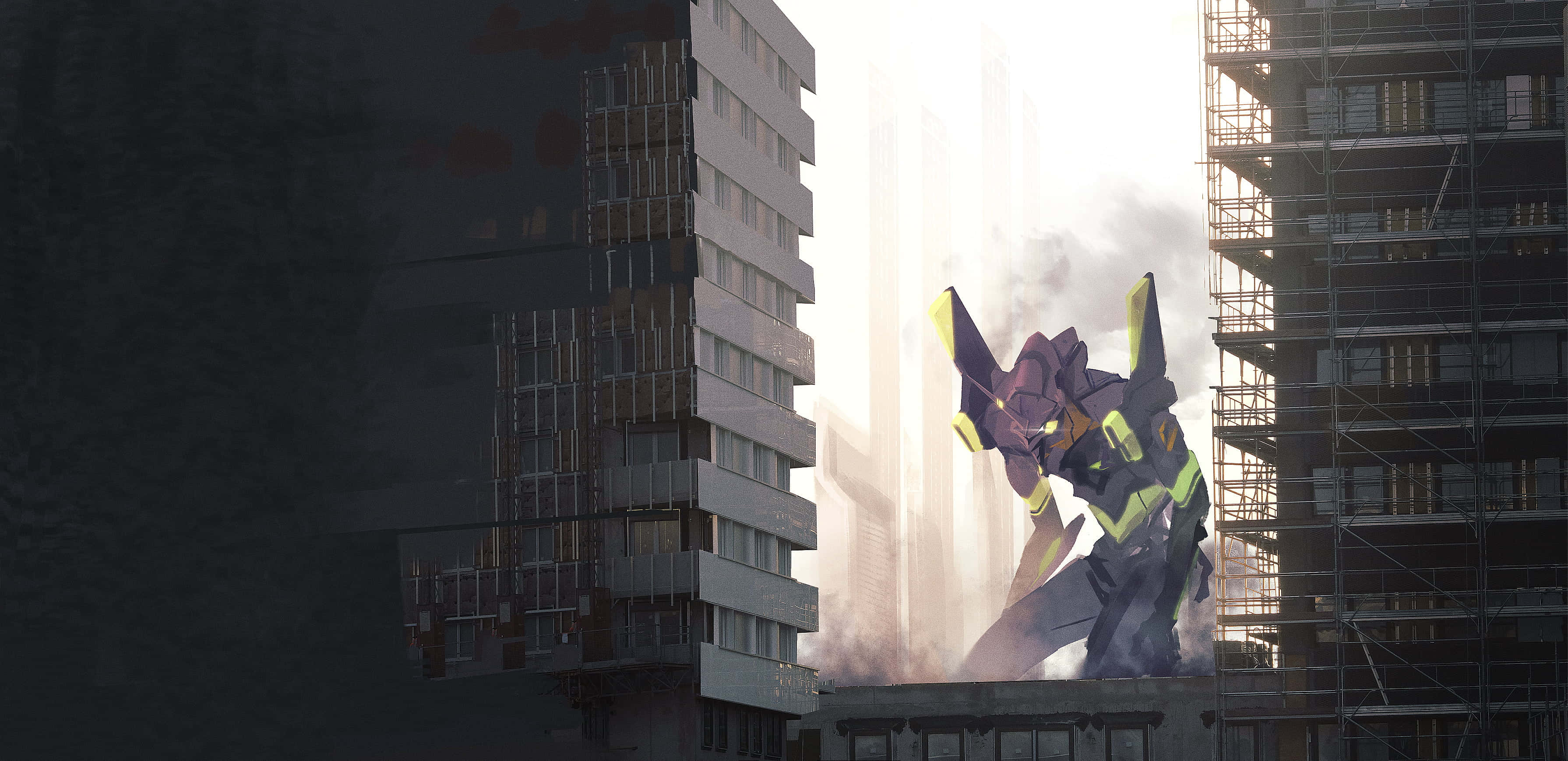 evangelion 4K 桌布 壁紙 — 在朦朧的天空下，一座巨大的紫色和黃色機甲從煙霧中出現在高聳的城市建築之間。