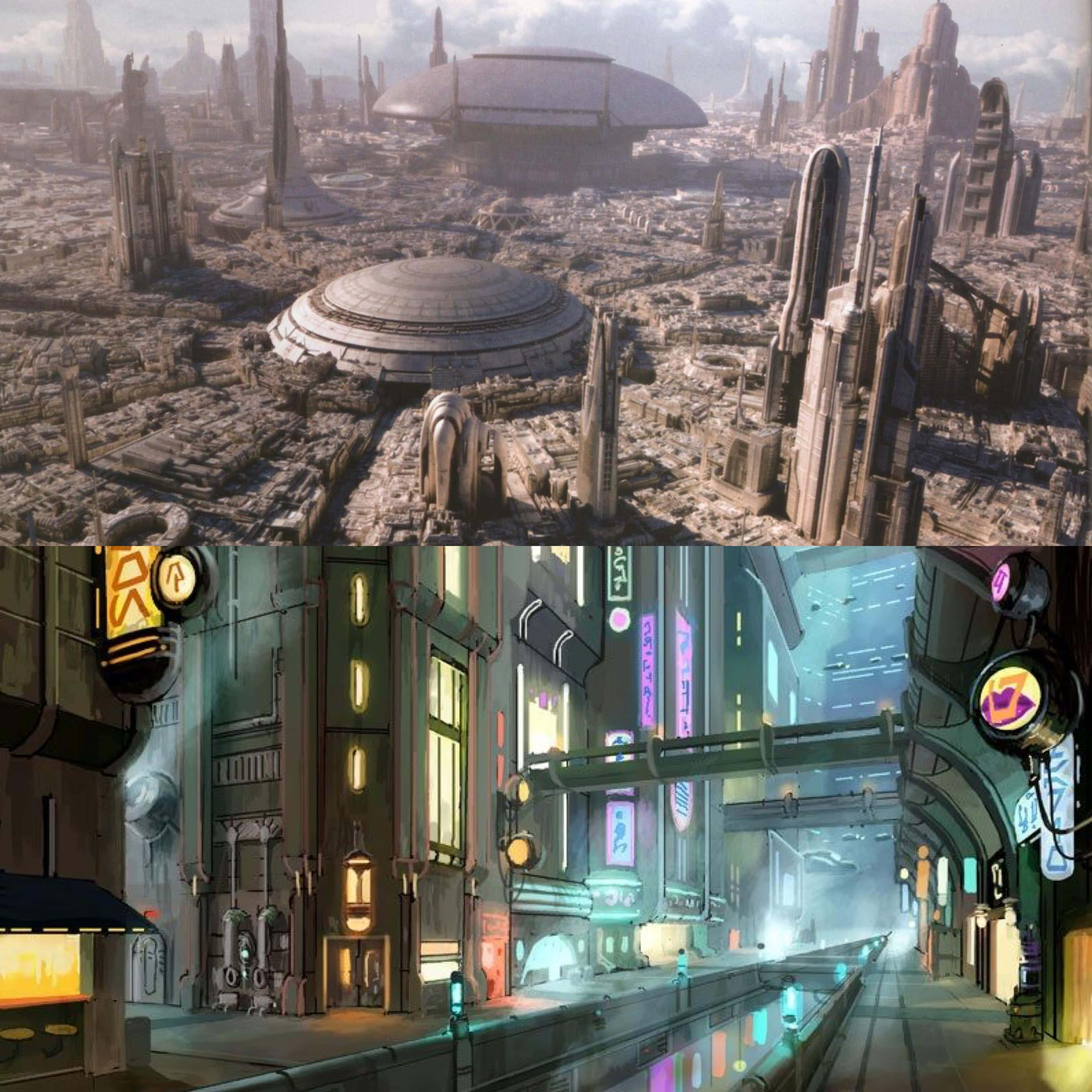The Coruscant Underworld 桌布 壁紙 — 在朦朧的天空下，一座未來主義的城市景觀，擁有高聳的金屬結構和發光的霓虹燈招牌。