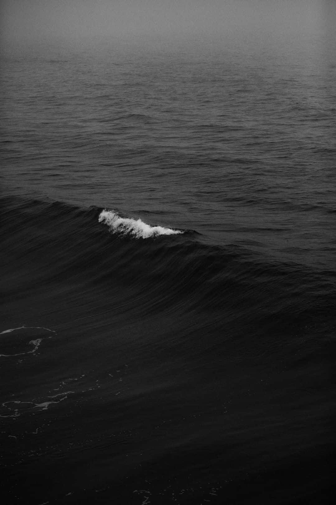 Black And White Ocean 桌布 壁紙 — 在朦朧的天空下，一道單色波浪在廣闊的海洋中優雅地捲曲，深色海水與白色泡沫形成鮮明對比。