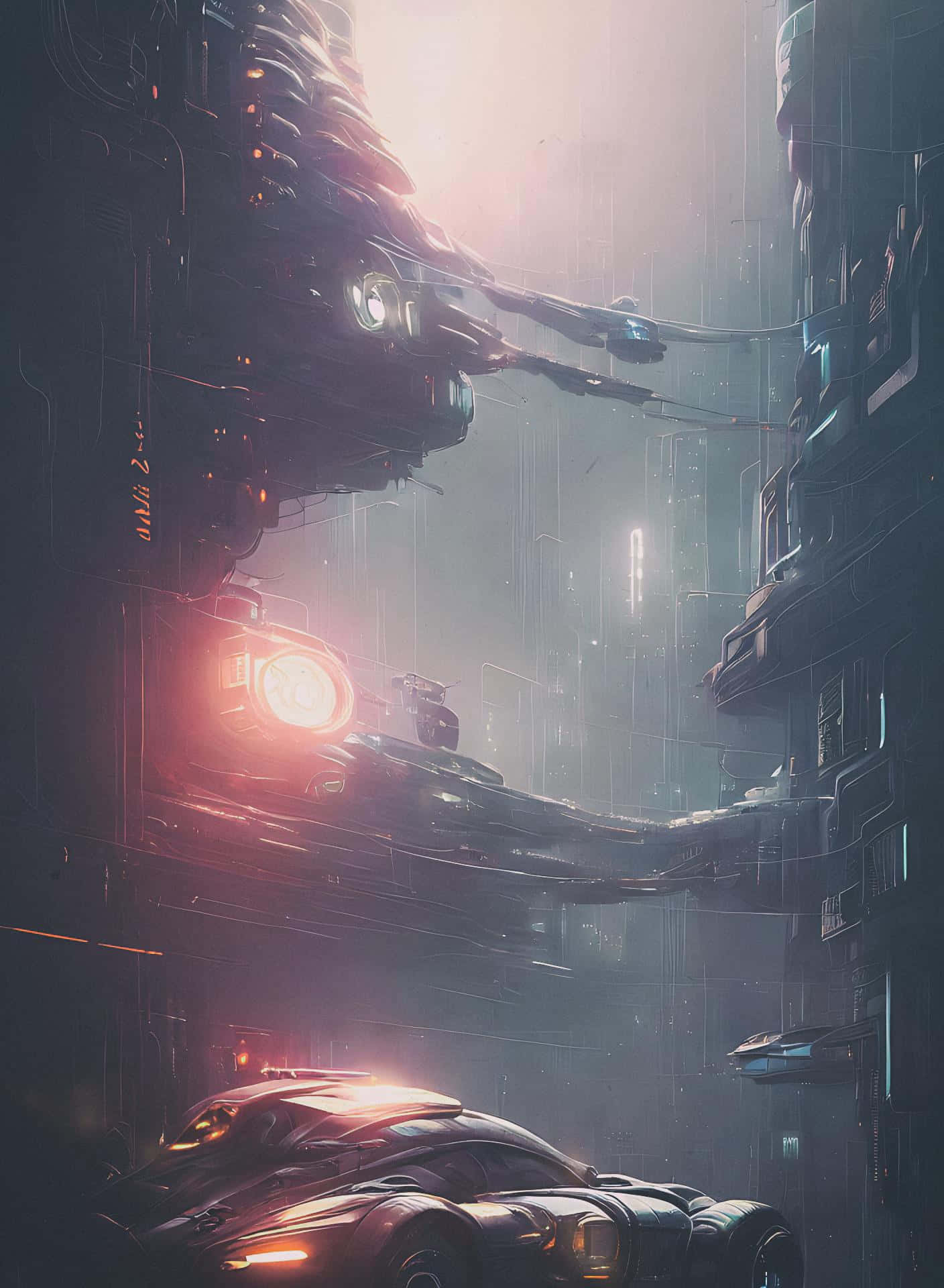 Dark Dystopian 桌布 壁紙 — 在朦朧的天空下，發光的霓虹燈和飛行車輛穿梭於高聳的摩天大樓之間的未來城市景觀。