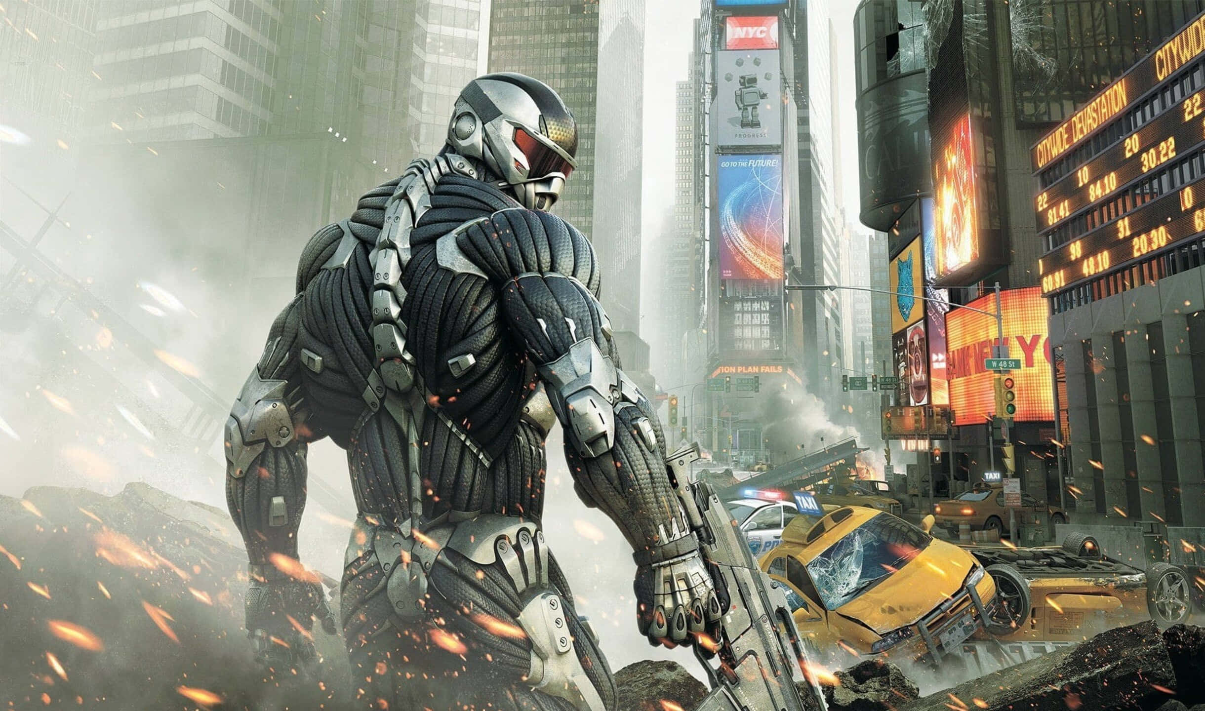 2440x1440 Crysis 3 桌布 壁紙 — 在朦朧的日光下，一個高聳的裝甲士兵站在一條破碎的紐約街道中央，周圍是燃燒的瓦礫和損毀的汽車。