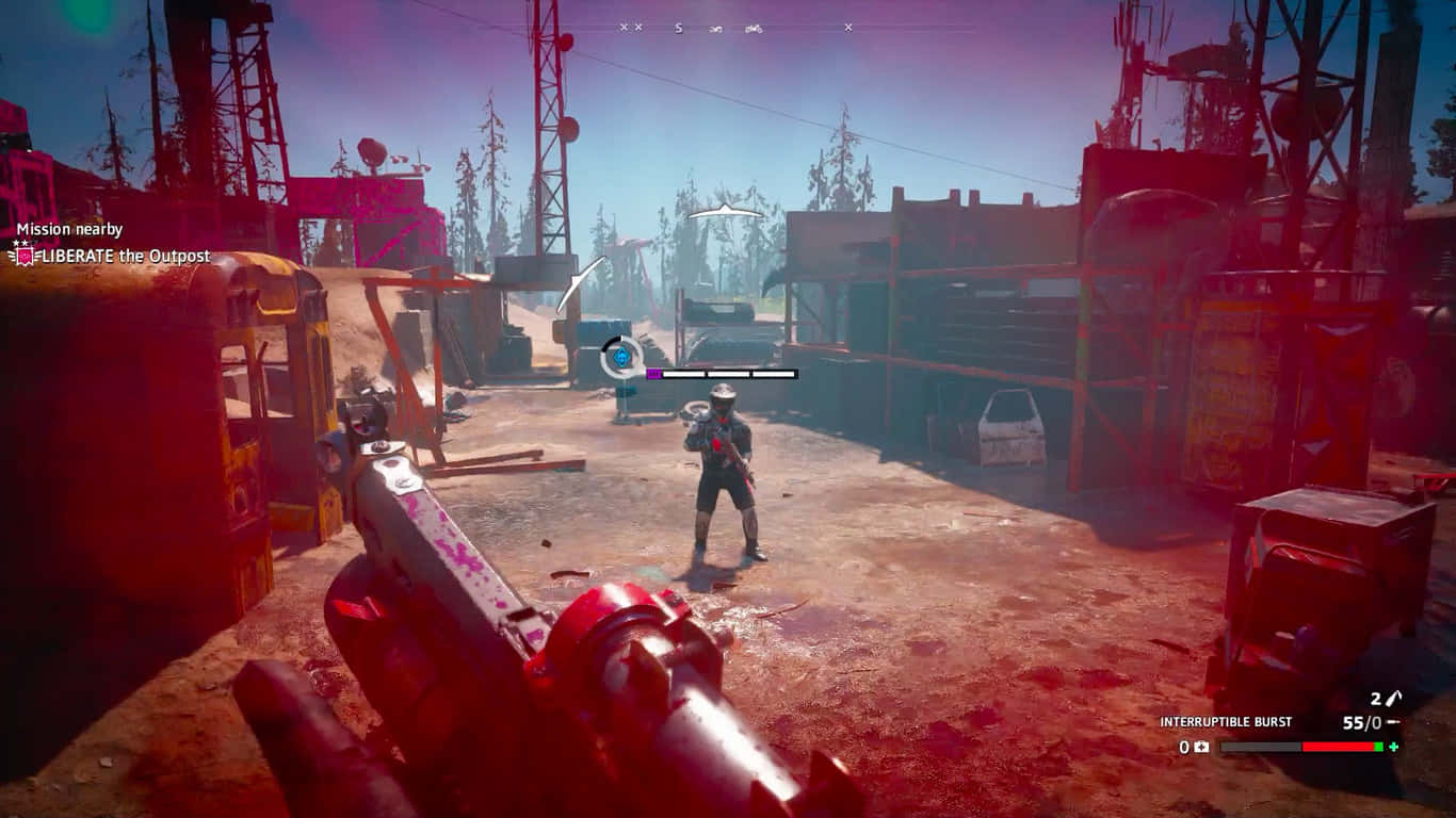 1366x768 Far Cry New Dawn 桌布 壁紙 — 在朦朧的紅色天空下，後末日工業區中的第一人稱射擊視角，遠處站著一名士兵。