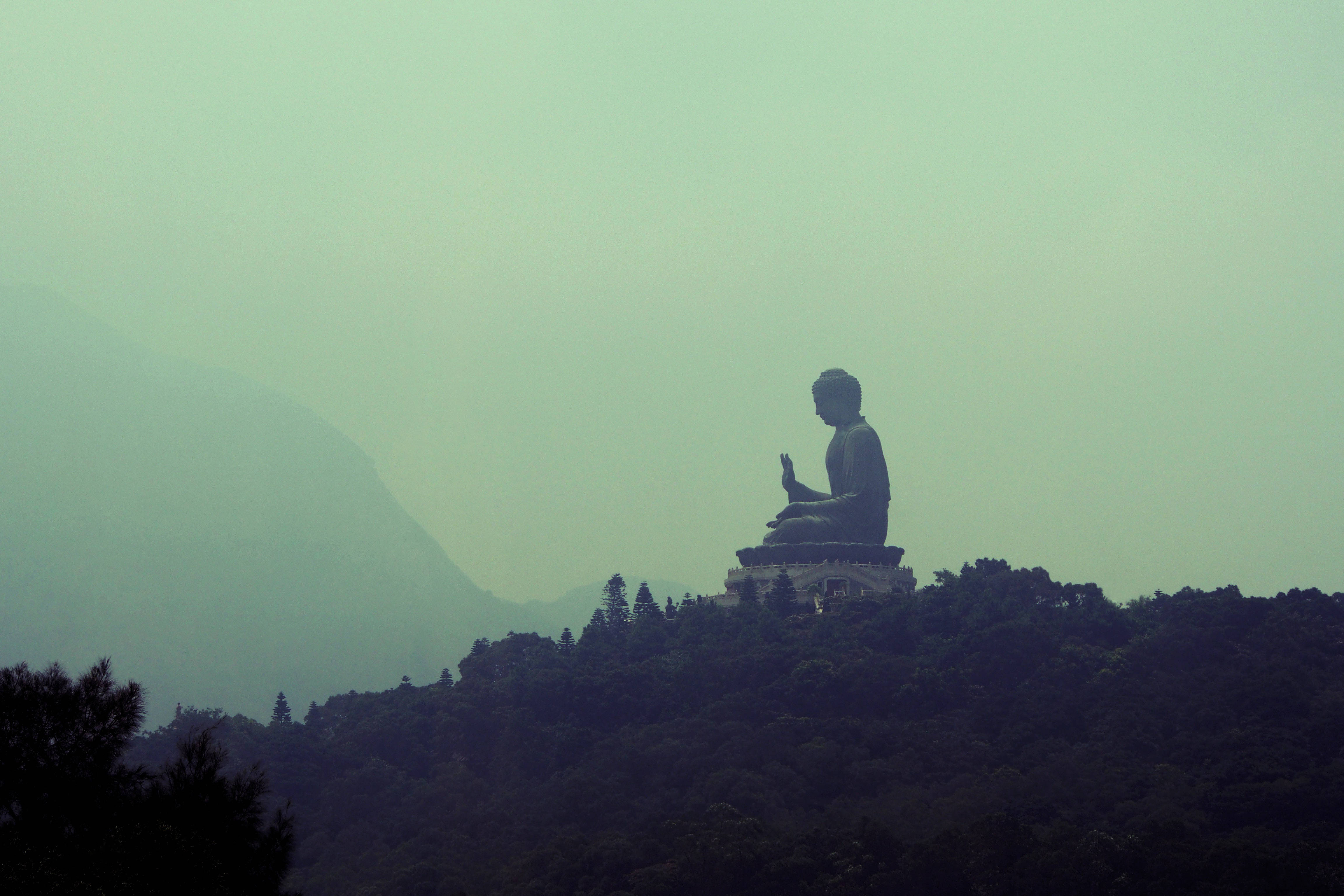Gautam Buddha 桌布 壁紙 — 在朦朧的綠色天空下，一座森林覆蓋的山丘頂上，大佛雕像的寧靜剪影。