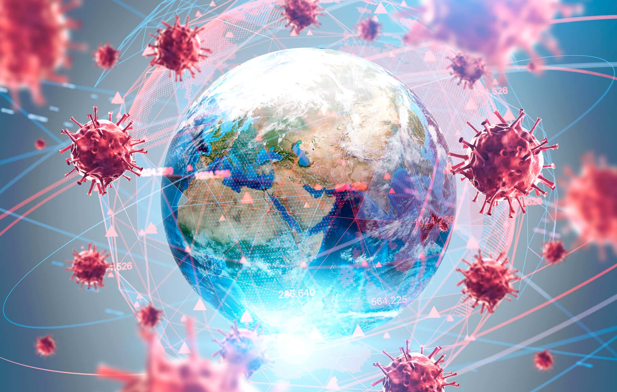 Coronavirus 桌布 壁紙 — 在未來主義的醫學可視化中，一顆發光的藍色地球被紅色病毒顆粒和數位數據流包圍。