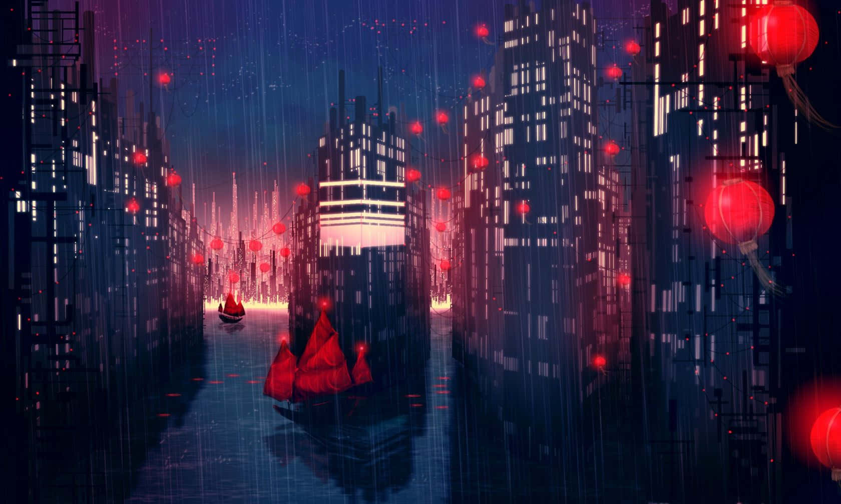 城市 桌布 壁紙 — 在未來城市中，雨夜霓虹燈閃爍，高聳摩天大樓之間反射的水面上有發光的紅色燈籠和船隻。