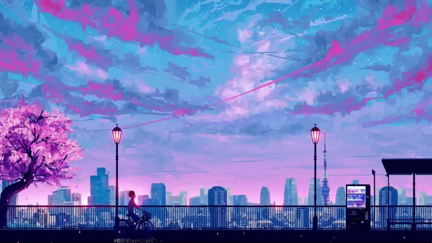 Pink Anime 桌布 壁紙 — 在未來城市景觀上空充滿活力的粉紅色和藍色暮色天空下，一位孤獨的自行車騎士騎過一棵櫻花樹。