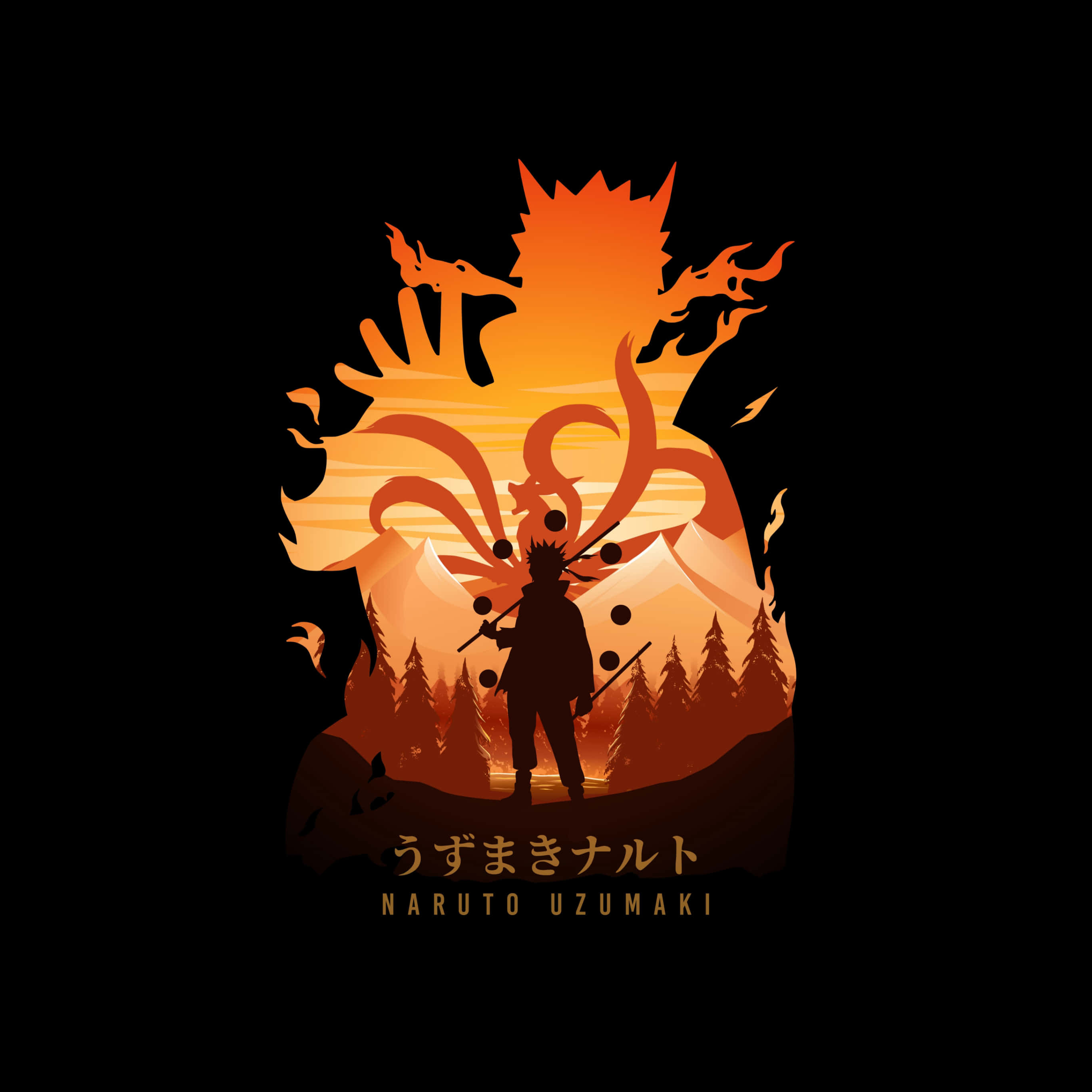 火影忍者 桌布 壁紙 — 在松樹上方熾熱的橙色夕陽背景下，漩渦鳴人站在燃燒的九尾狐前的剪影。