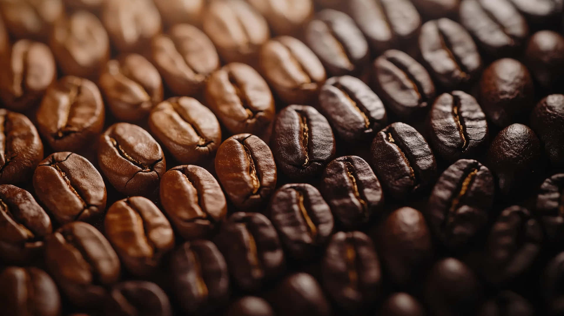 Roasted Coffee Beans in Warm Lighting Close-Up Macro Shot 壁紙 — 在柔和光線下，烘焙咖啡豆的特寫，帶有豐富的棕色色調和可見的皺紋。