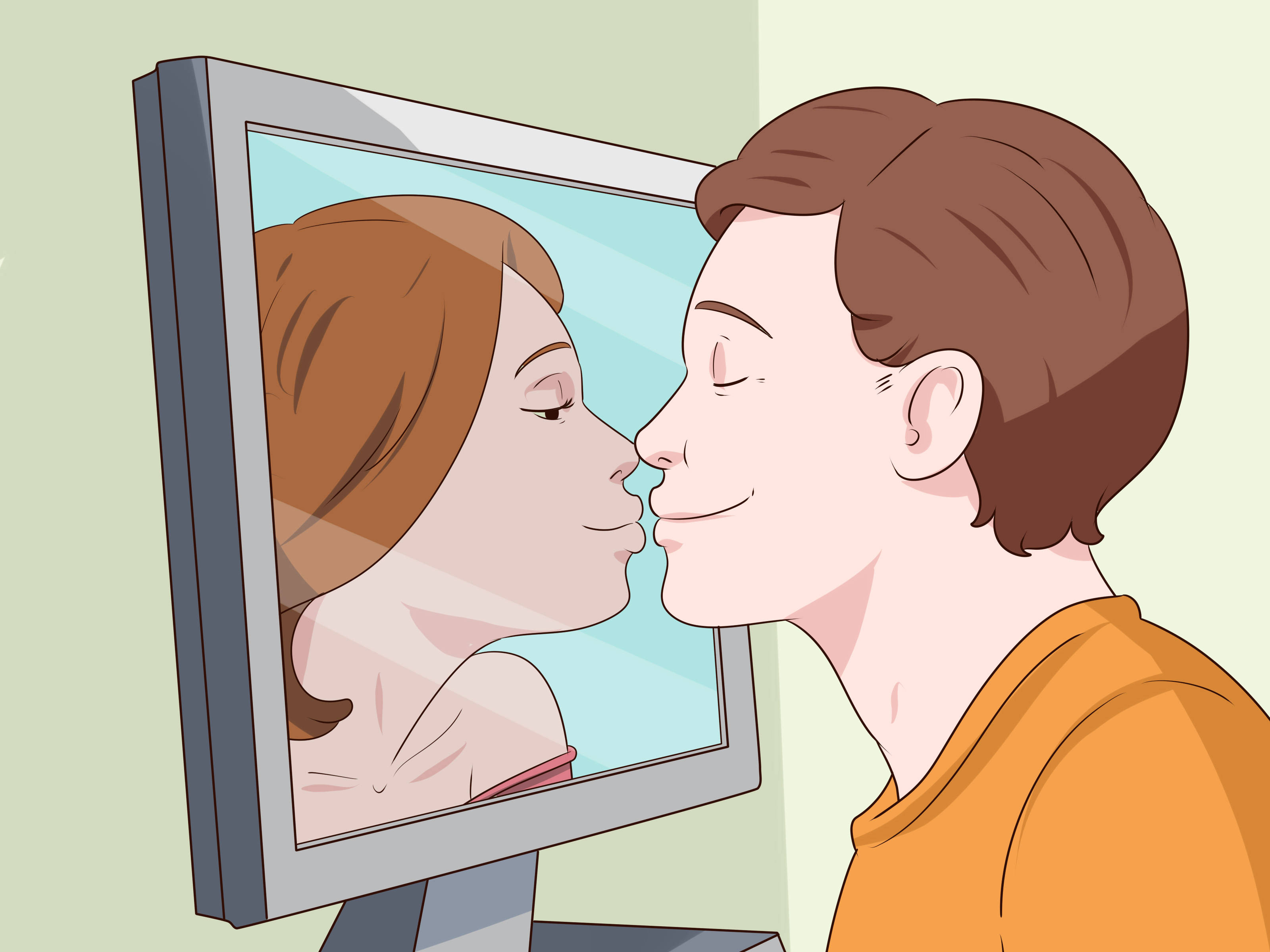 Relationship 桌布 壁紙 — 在柔和光線的房間裡，一名男子親吻電腦顯示器上女子的倒影。