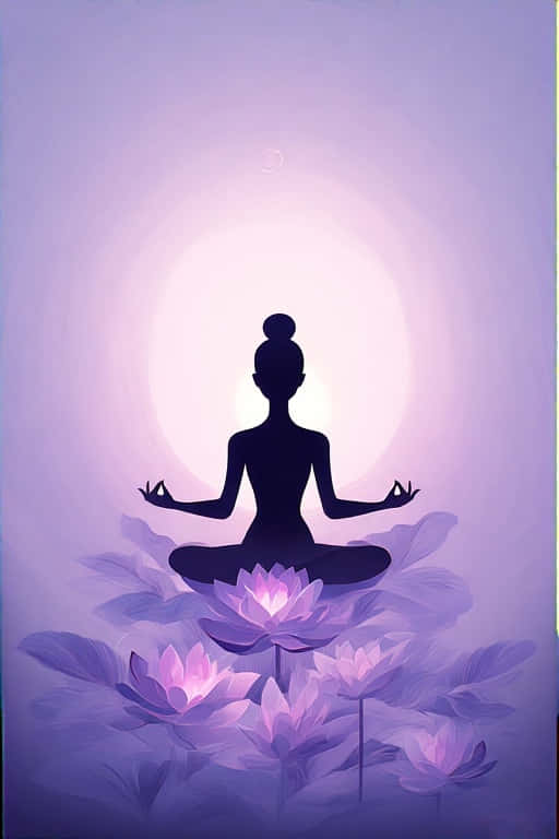Minimalist Yoga Lotus Pose Calming Lavender 4K 壁紙 — 在柔和光芒的月亮下，一位女性盤腿坐在發光的紫色蓮花上冥想的剪影。
