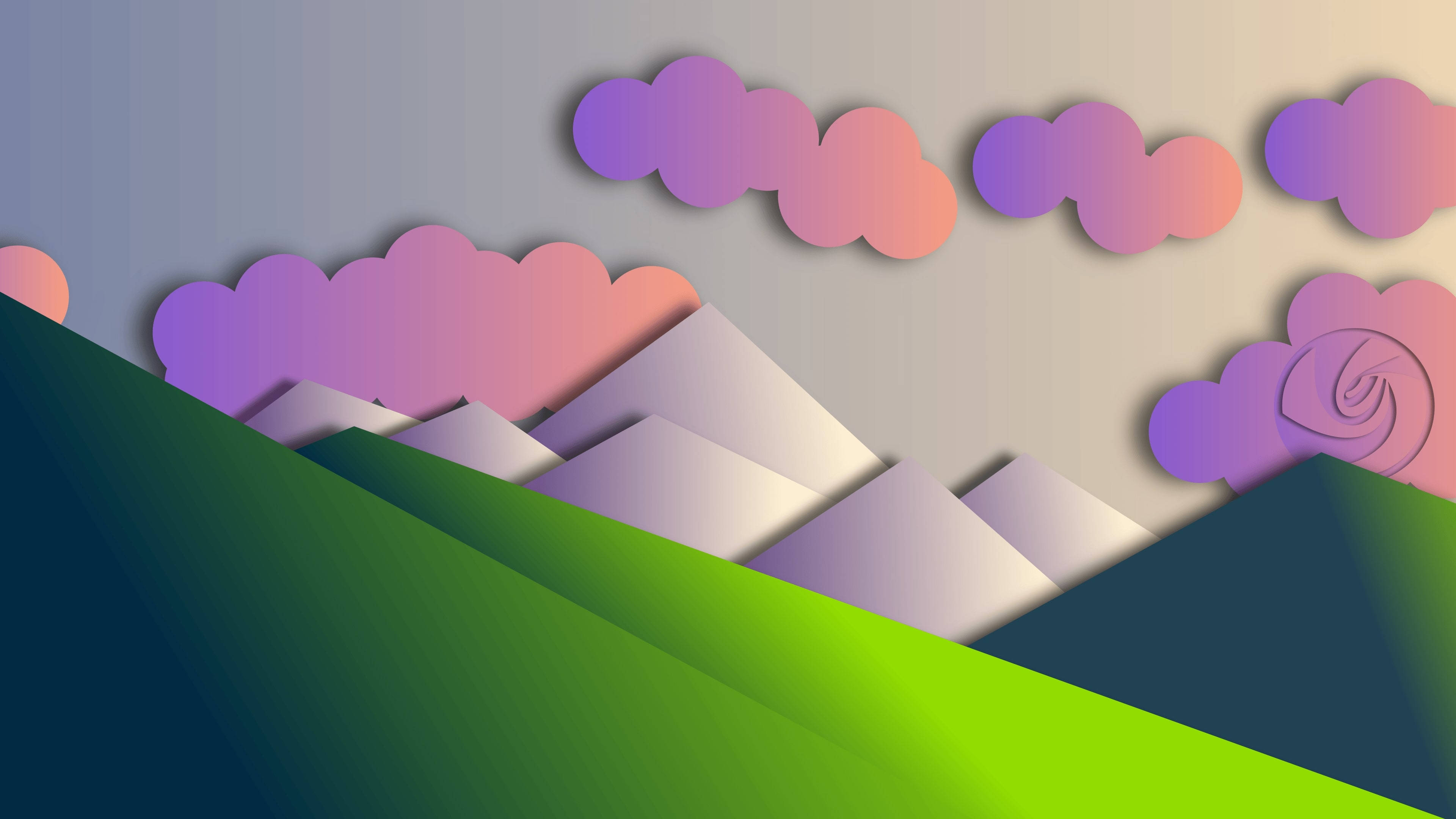 Material Design 桌布 壁紙 — 在柔和天空下，以漸變紫色、粉紅色和綠色呈現的風格化剪紙山脈和雲朵。