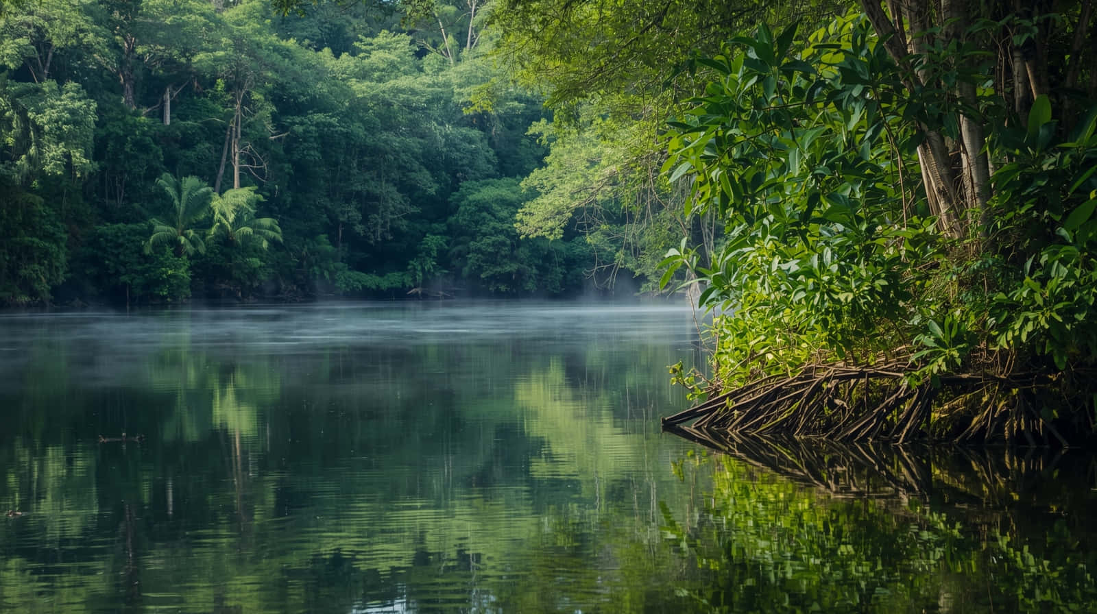 Serene Tropical Mangrove Forest River at Morning Mist Wallpaper 壁紙 — 在柔和晨光下，一條霧氣瀰漫的河流映照出茂密綠色叢林樹冠。