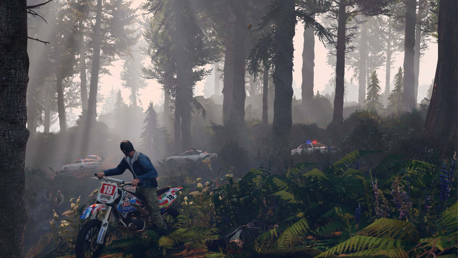 Grand Theft Auto V 桌布 壁紙 — 在柔和晨光下，霧氣瀰漫的森林中，一名摩托車騎士，背景有警車。