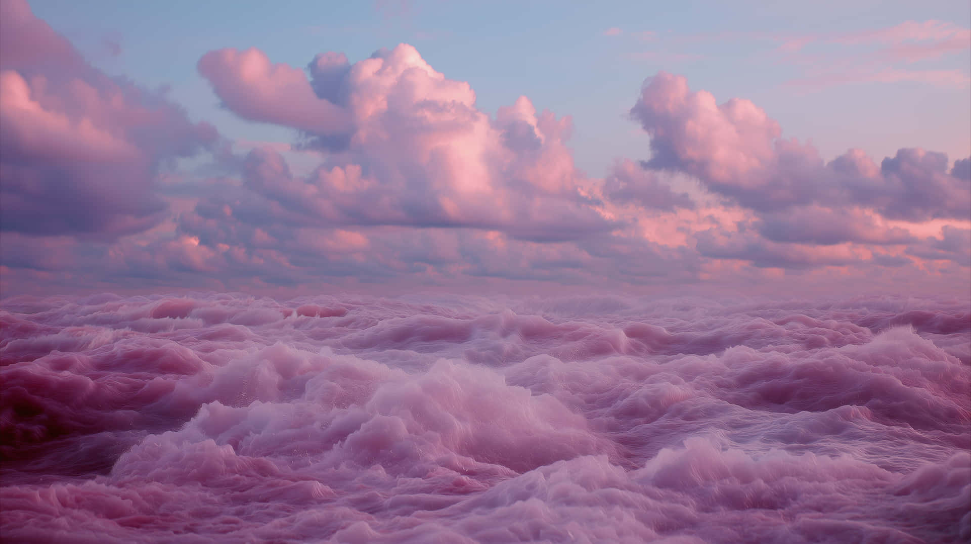 Dreamy Pink Sky and Ocean with Soft, Fluffy Cloudscape 壁紙 — 在柔和暮色天空下，毛茸茸的粉紅雲朵延伸至地平線的超現實海景。