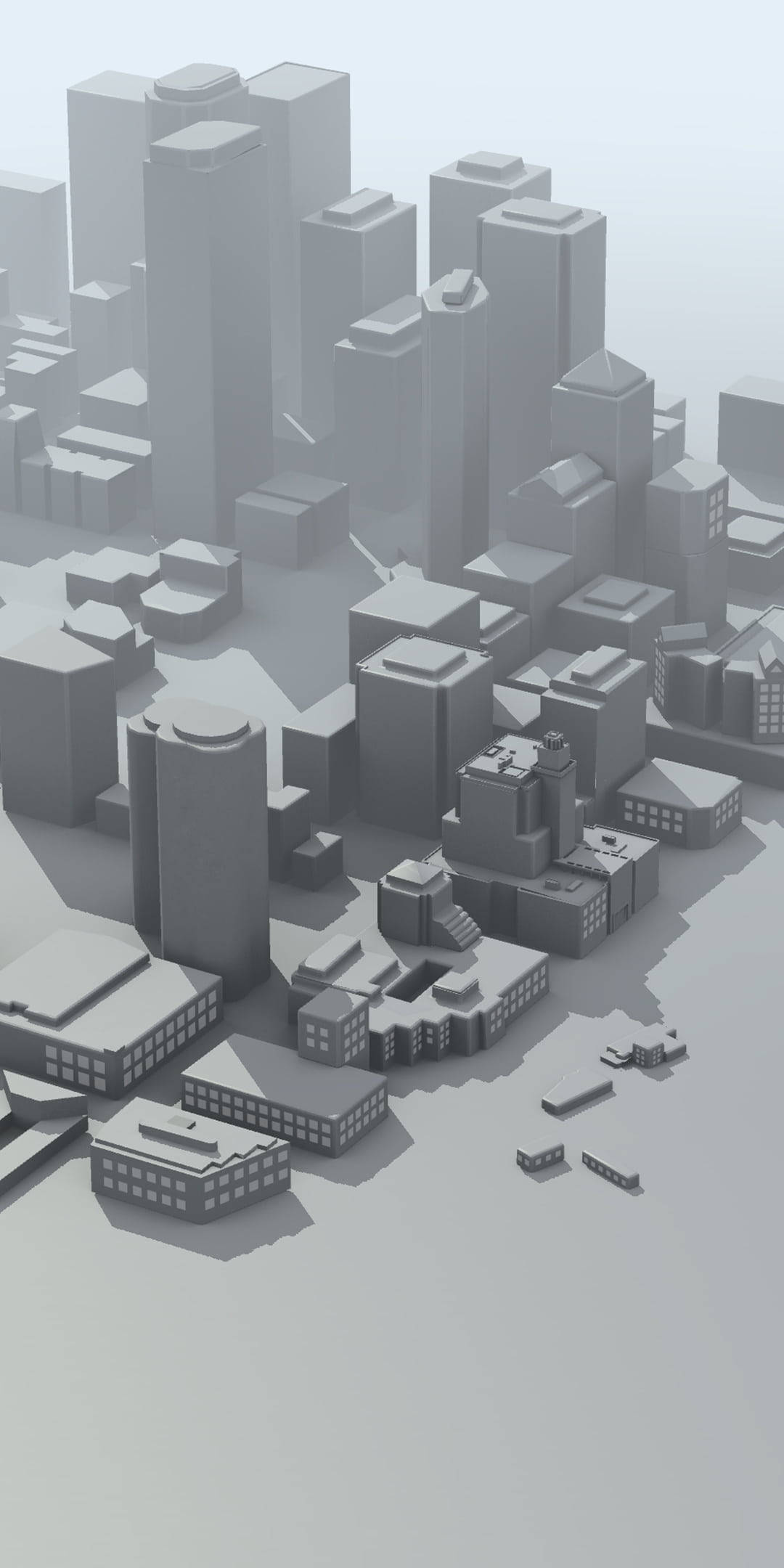 城市 桌布 壁紙 — 在柔和漫射光下的灰色幾何建築的極簡3D渲染城市景觀。